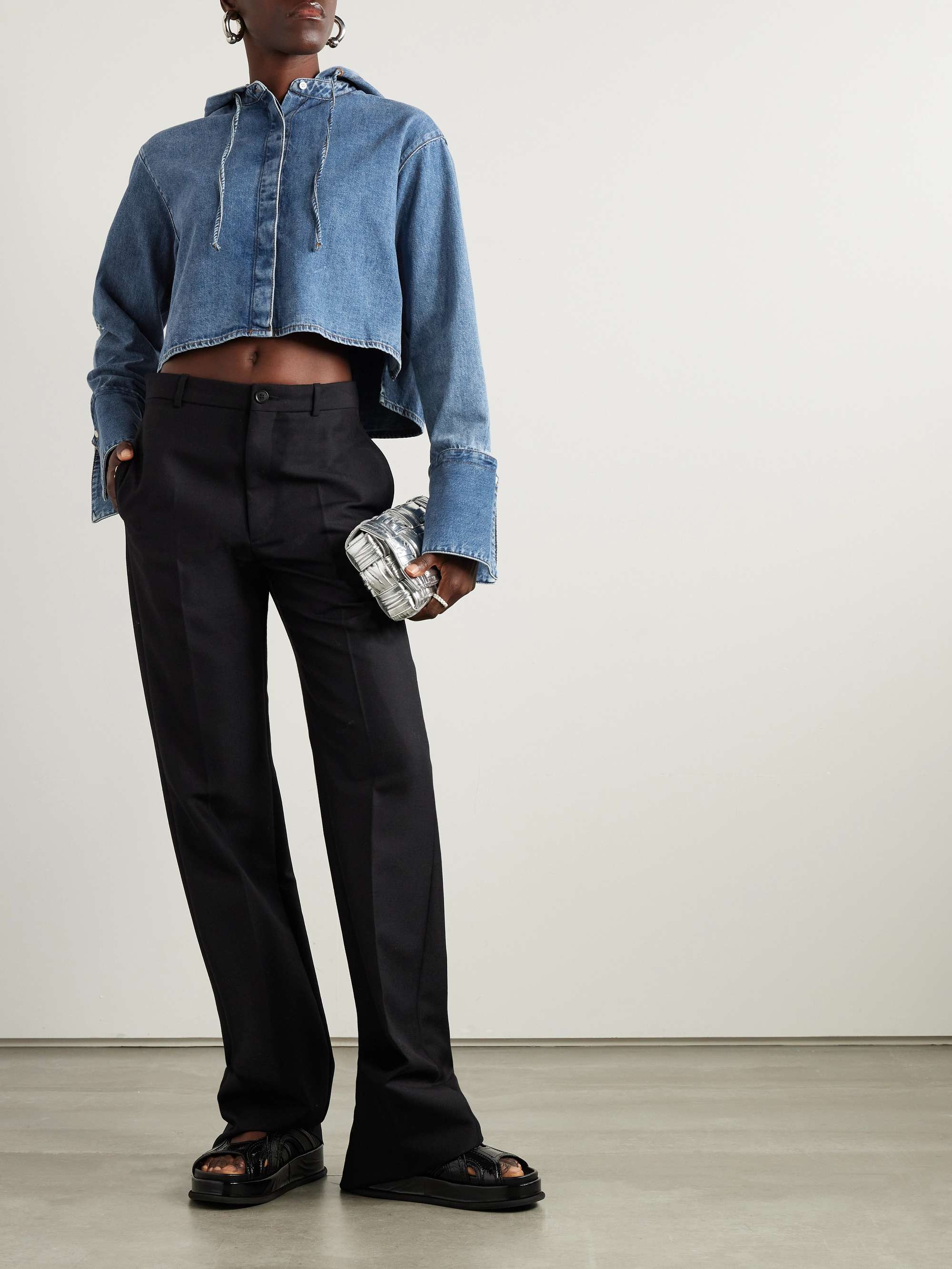 Hooded cropped appliquéd denim shirt view