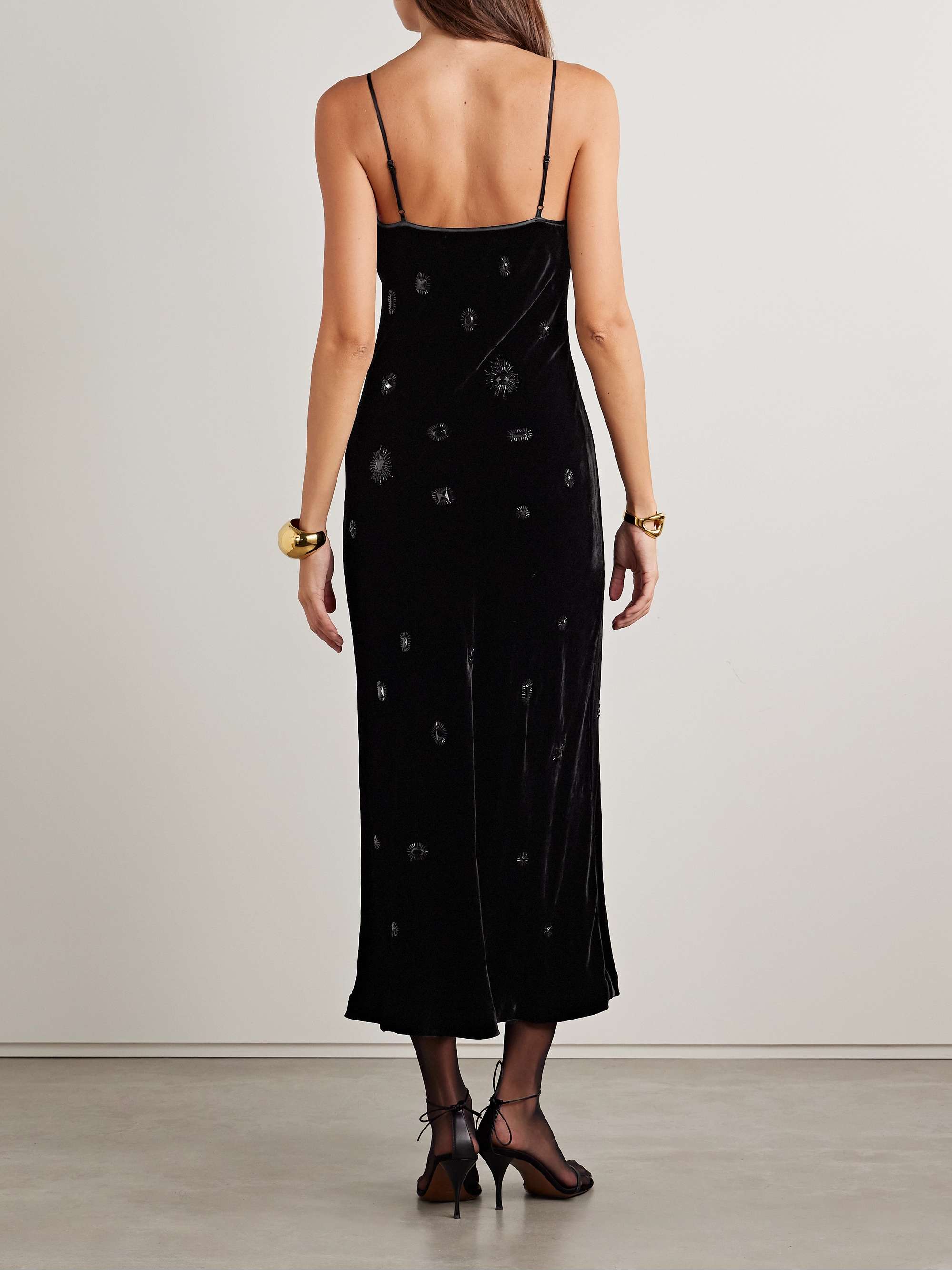 Embellished silk-satin trimmed velvet midi dress view