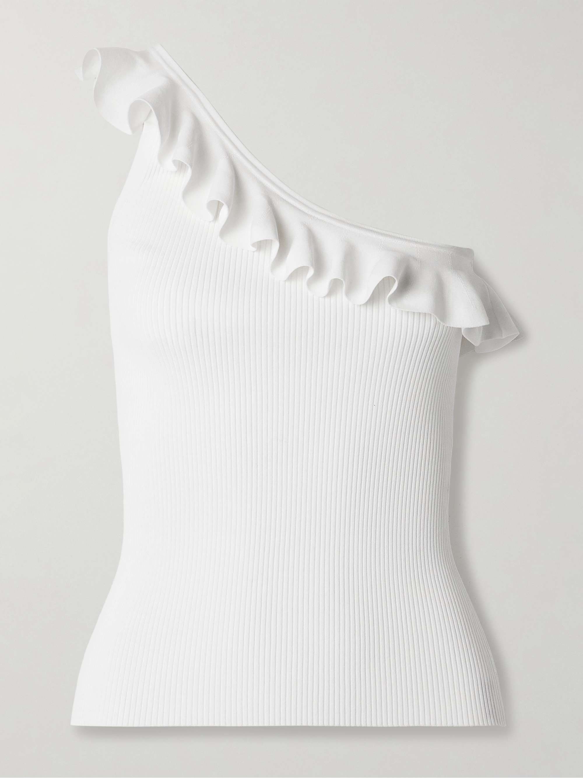 Rhiannon one-shoulder ruffled ribbed-knit top view
