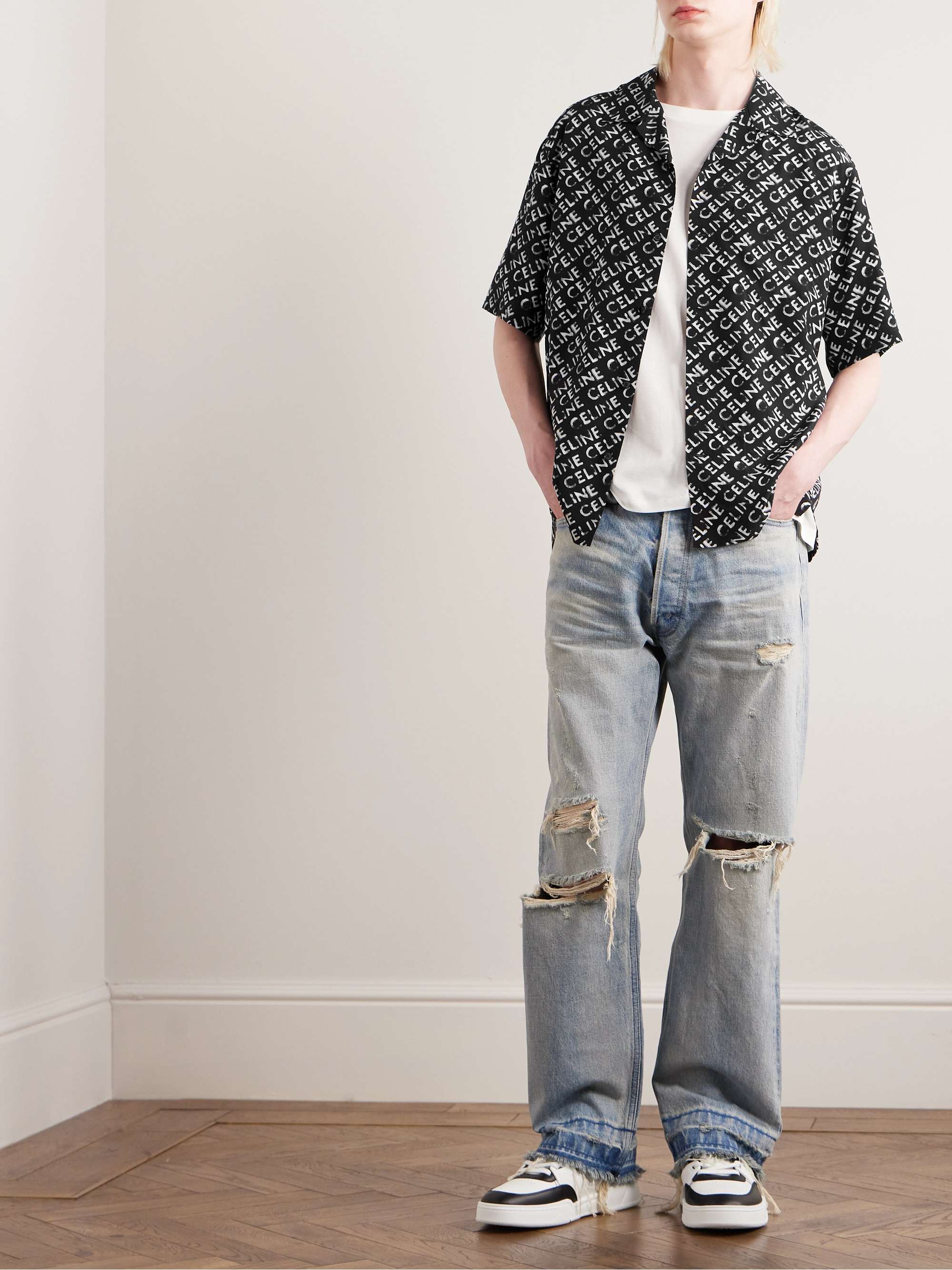 Convertible-Collar Logo-Print Silk Shirt view