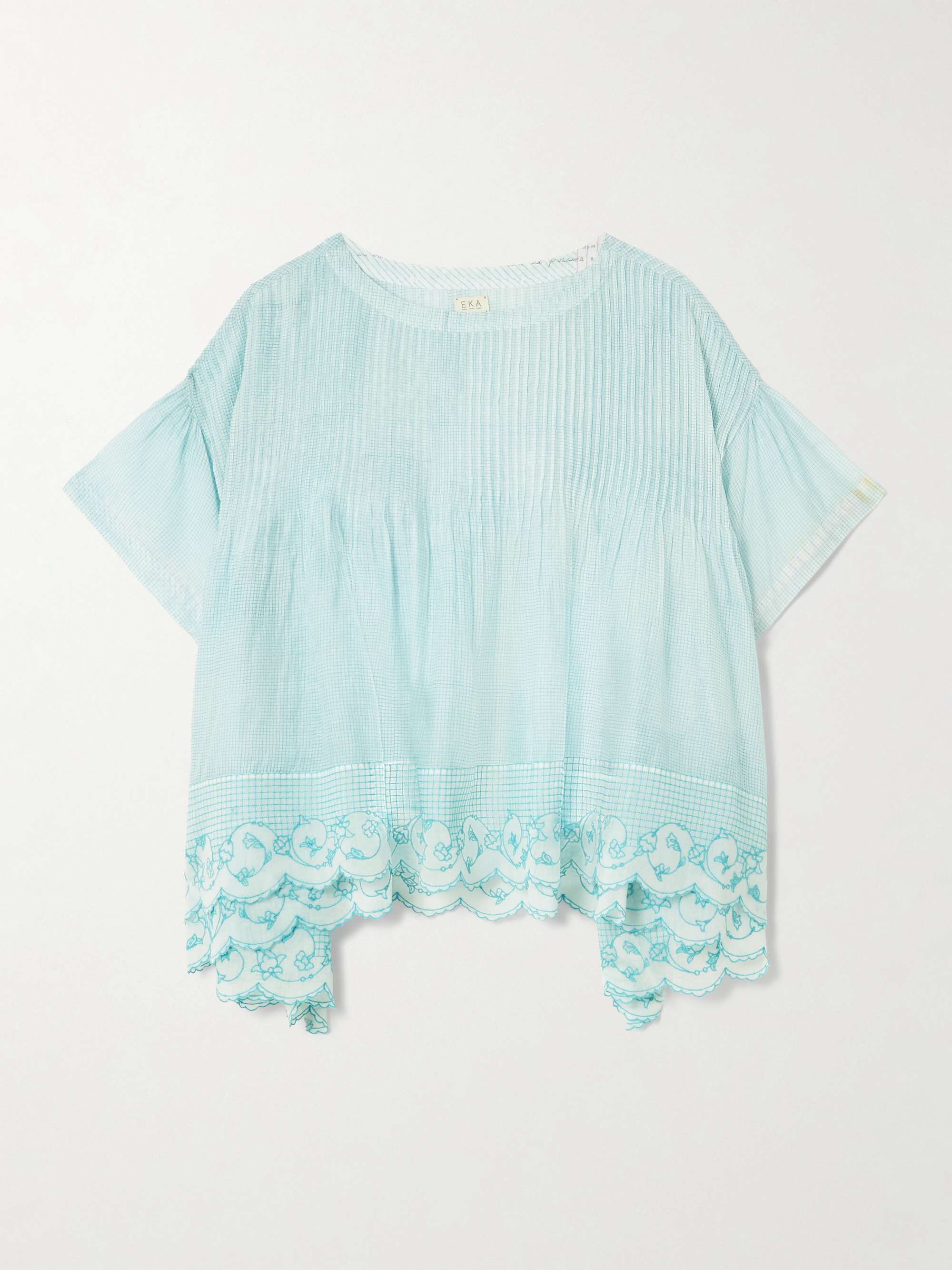 Cai pintucked embroidered checked cotton and silk-blend voile blouse view