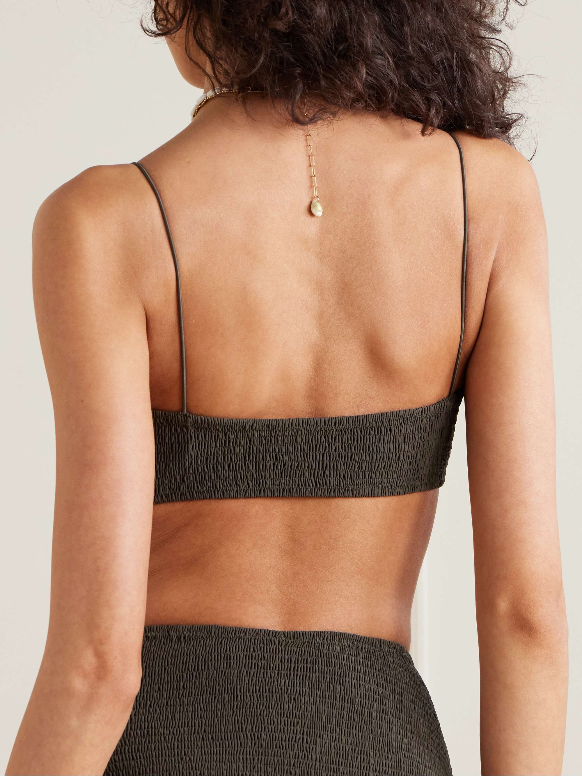 Shirred recycled bikini top view