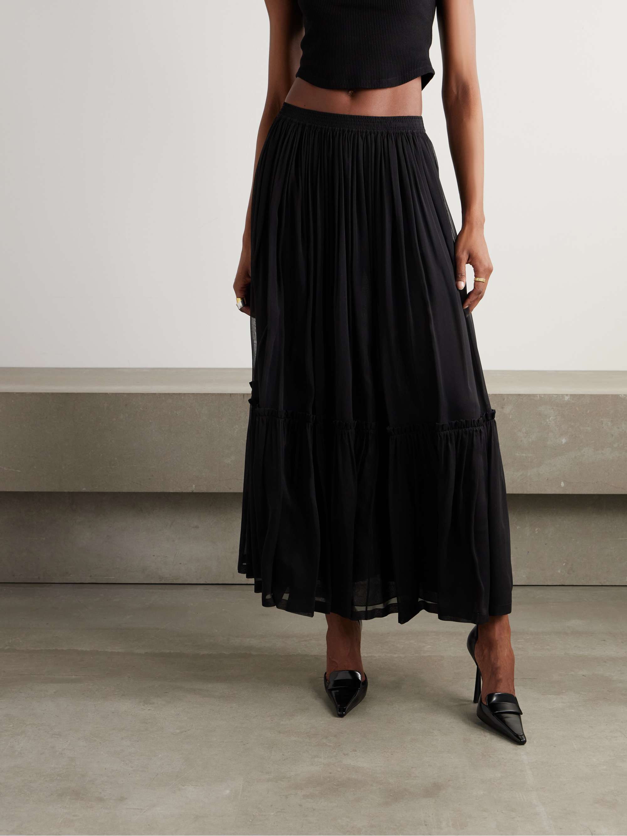 Tiered gathered silk-chiffon maxi skirt view