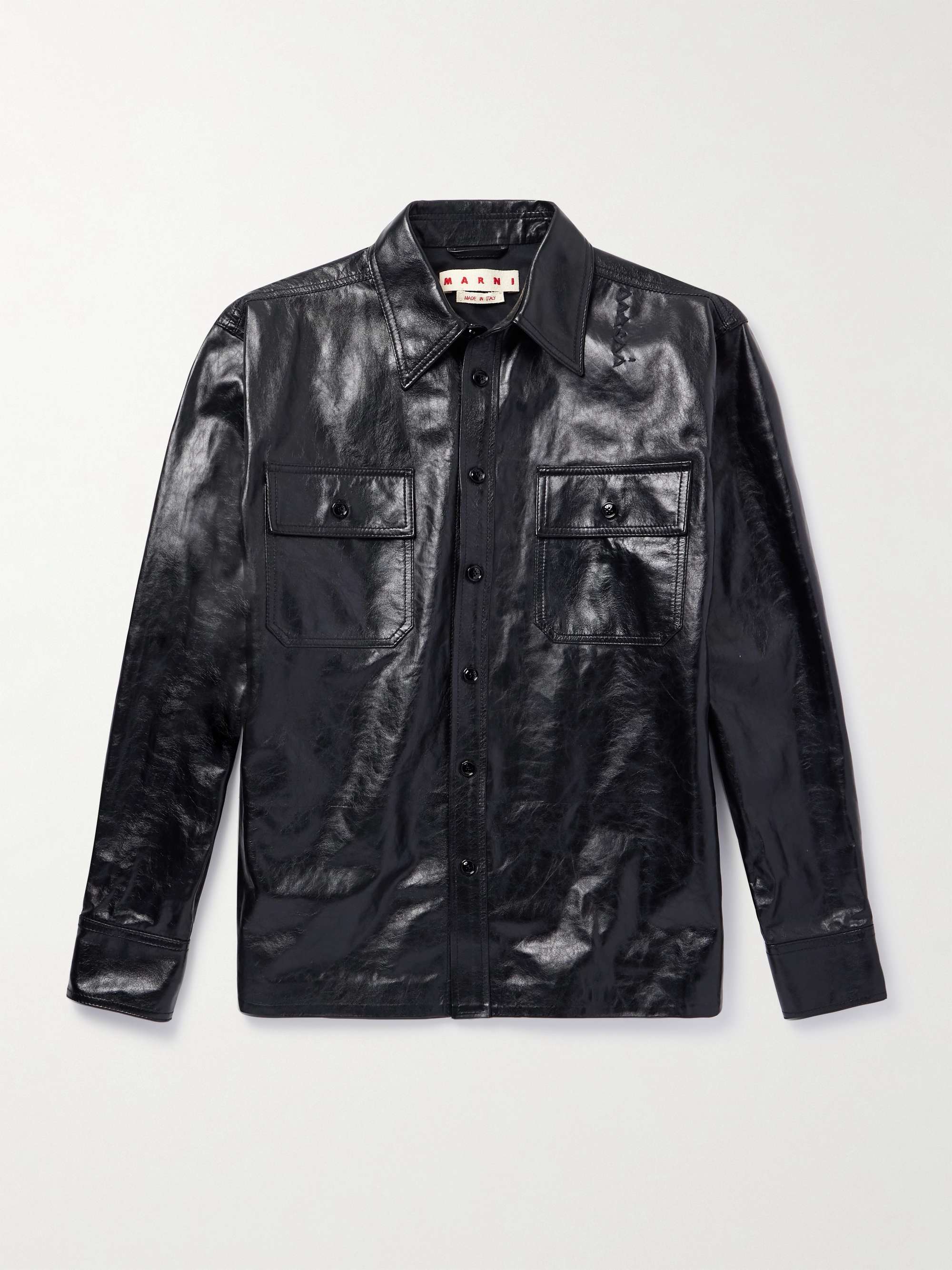 Logo-Embroidered Glossed-Leather Overshirt view