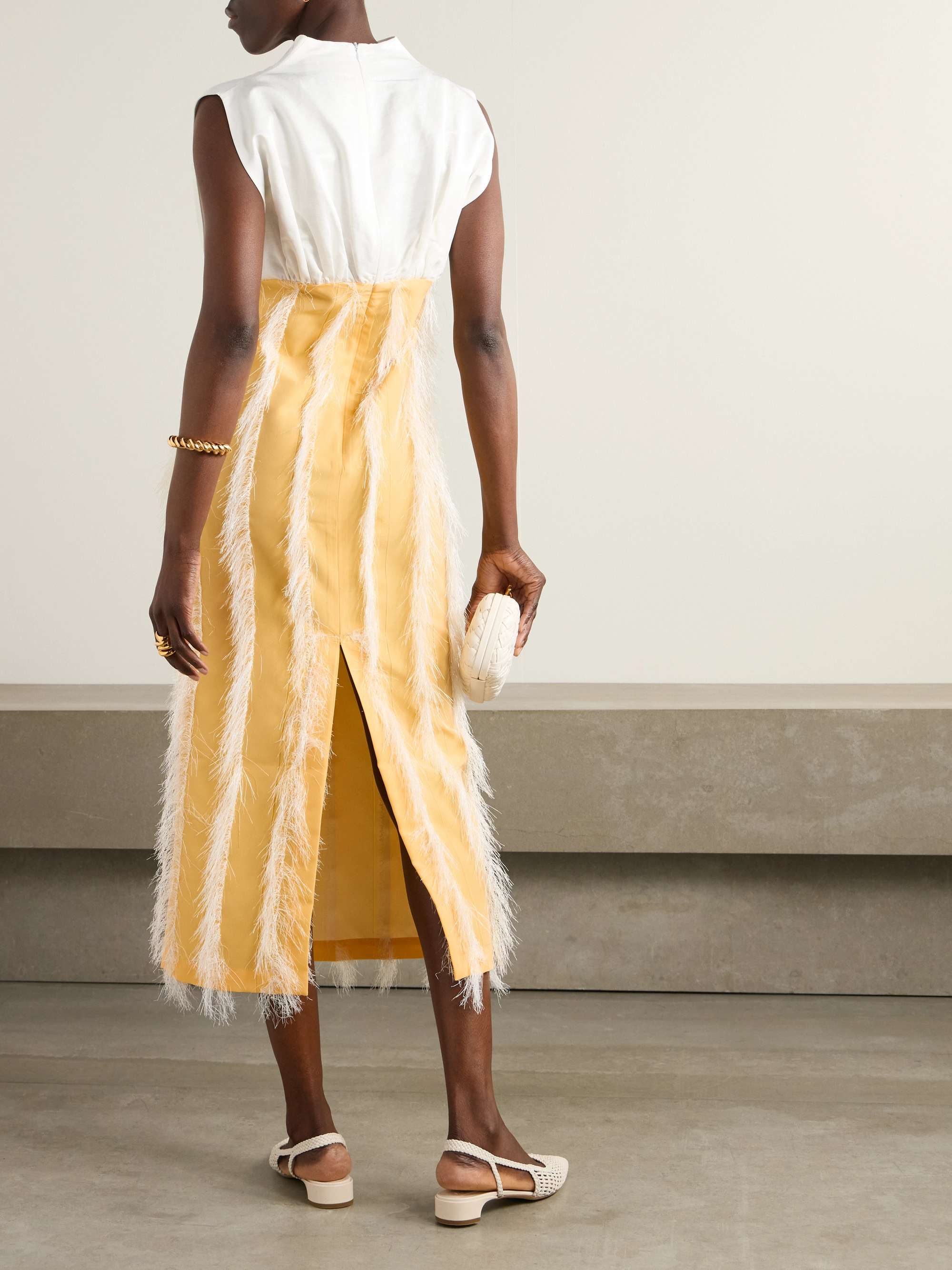 Paz faux feather-trimmed pleated cotton-blend twill midi dress view