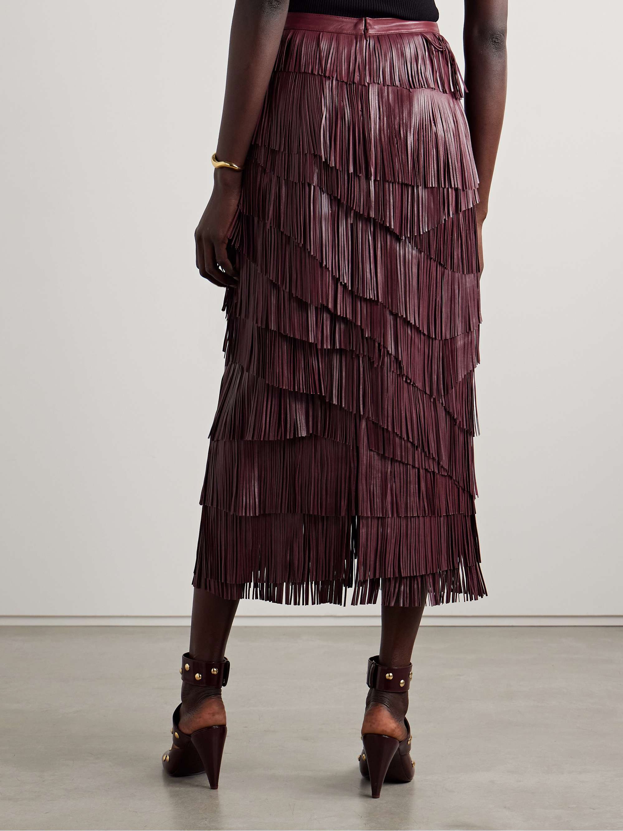 Therese tiered fringed leather midi skirt view
