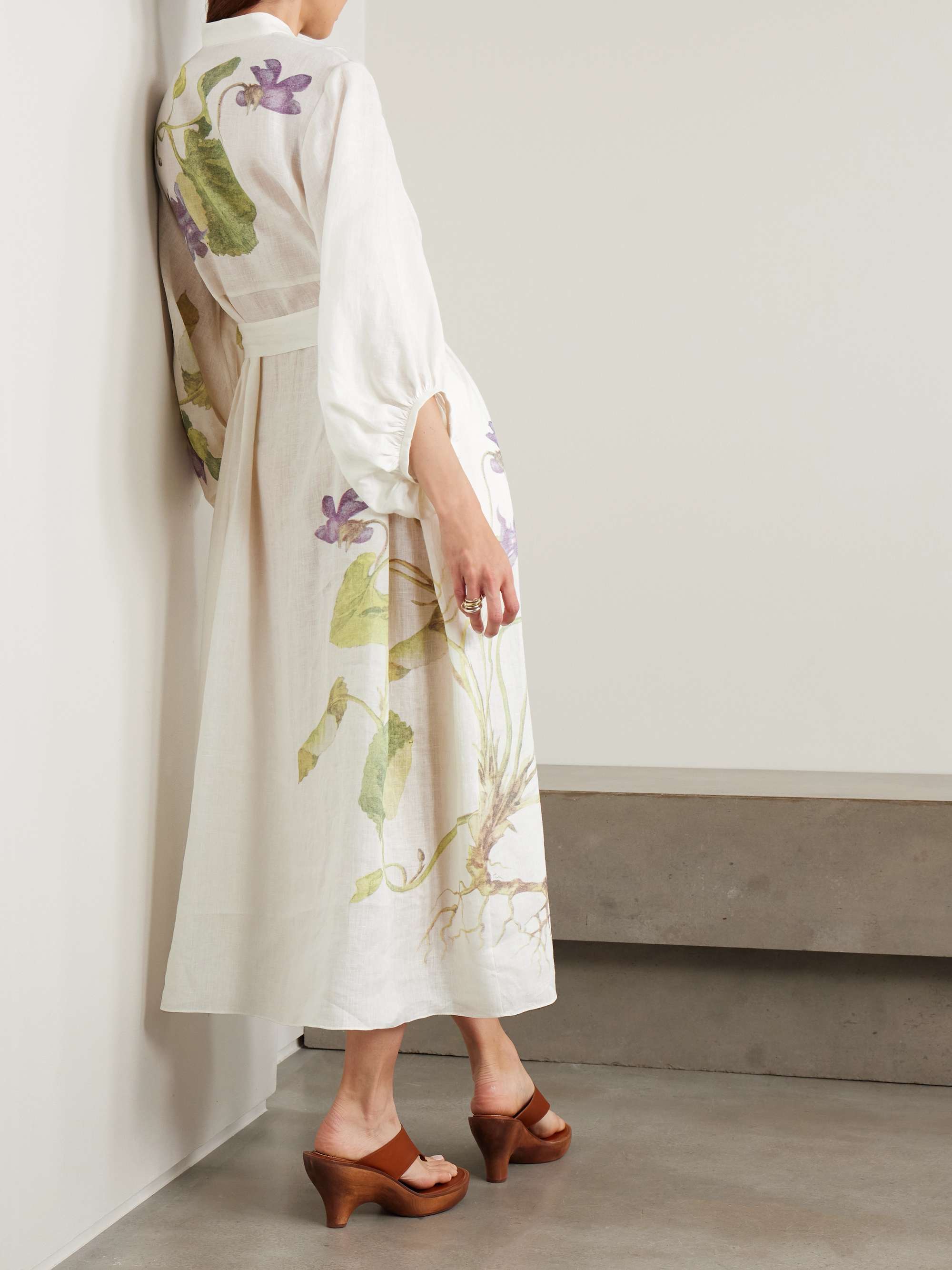 Belted floral-print linen midi dress view