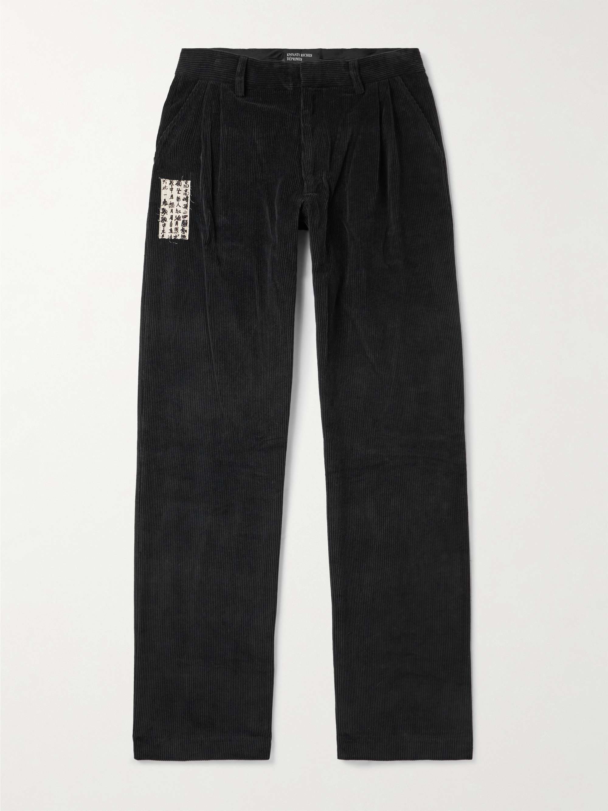 Straight-Leg Pleated Appliquéd Cotton-Corduroy Trousers view