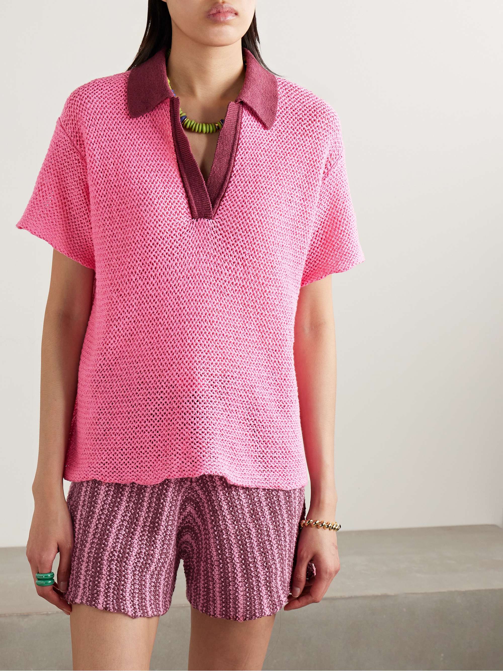 Oversized crocheted cotton polo shirt view