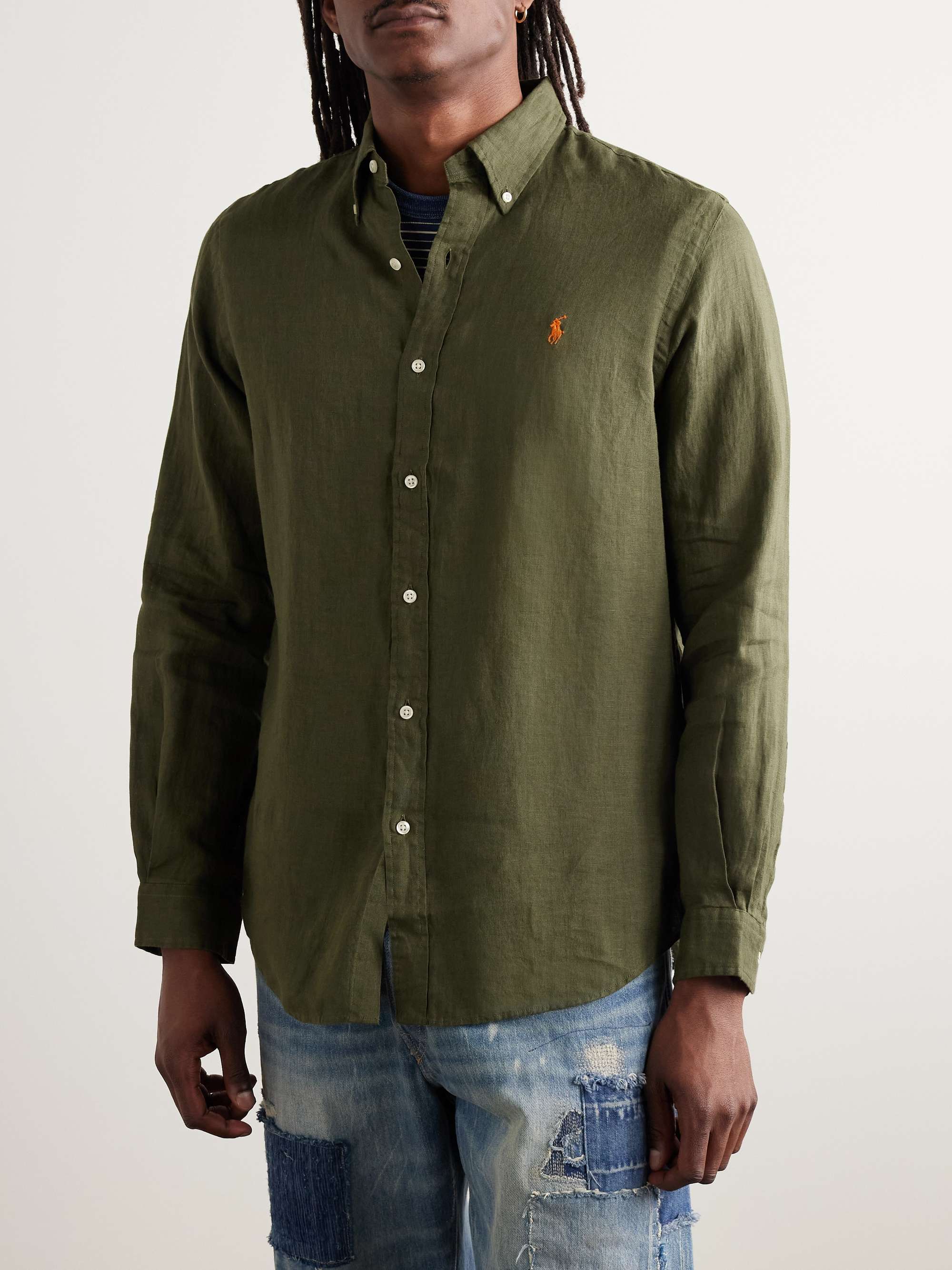 Button-Down Collar Logo-Embroidered Linen Shirt view