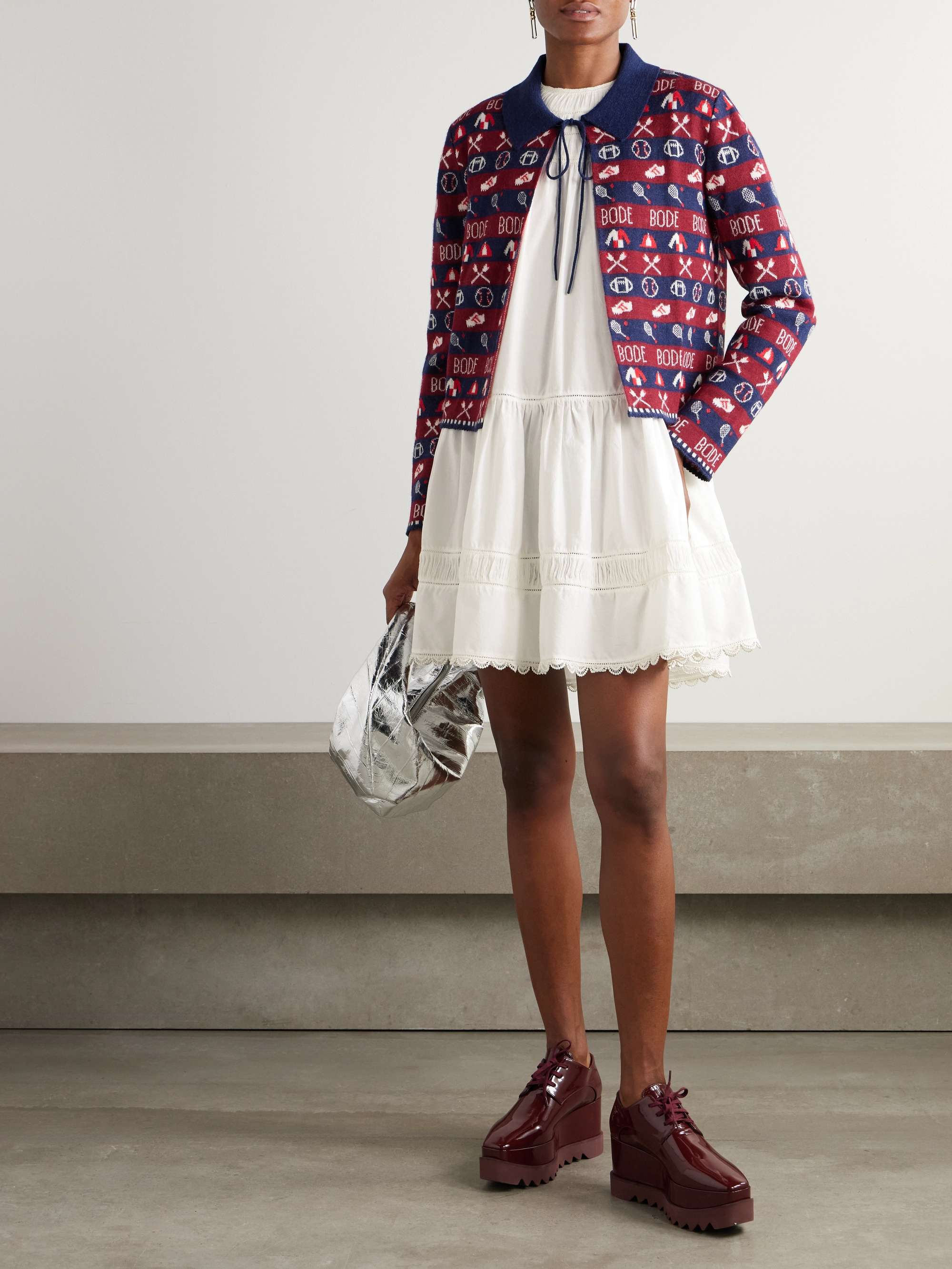 Oumi crochet and chiffon-trimmed poplin mini dress view