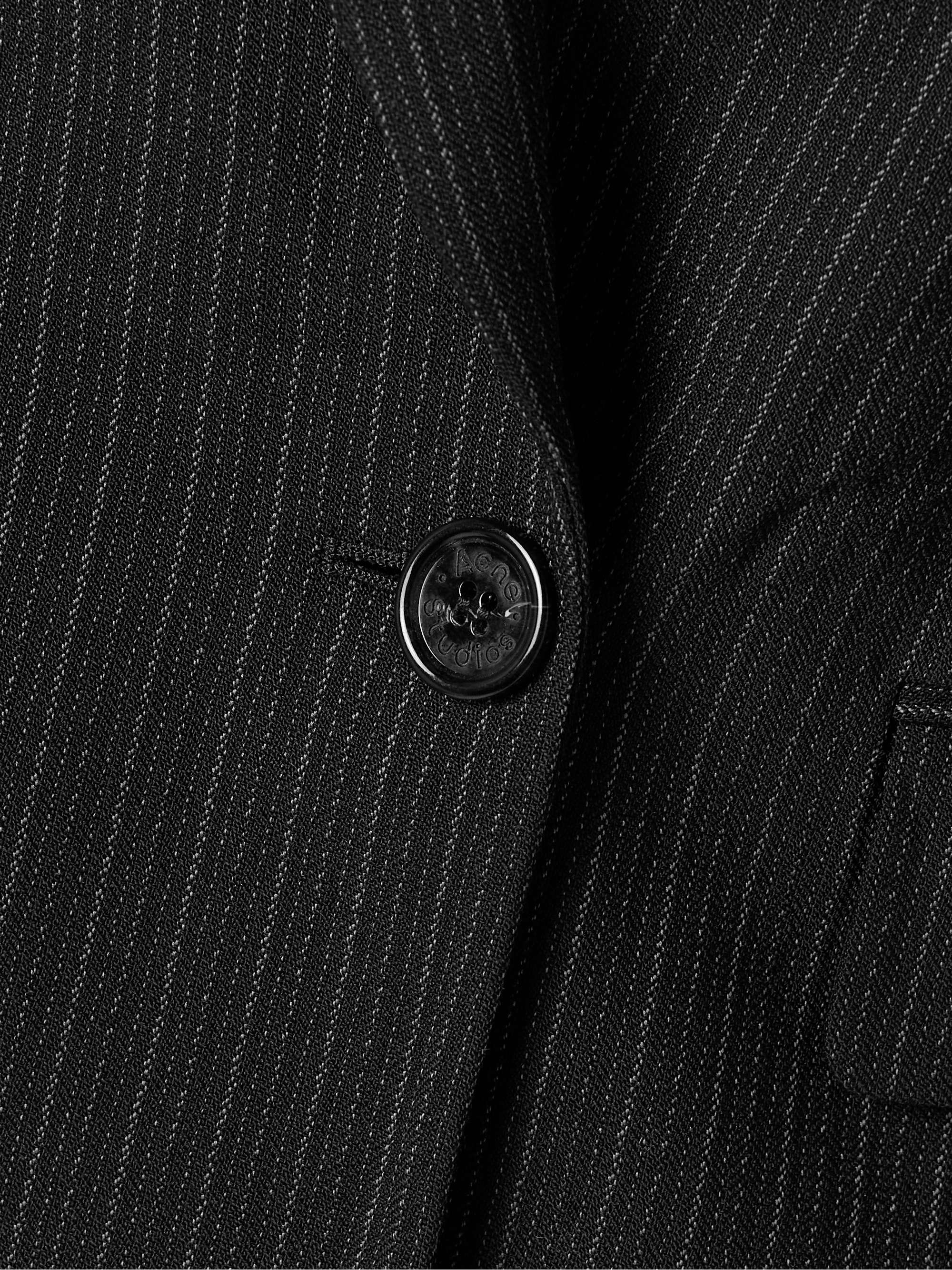 Double-breasted pinstriped wool and cotton-blend blazer view