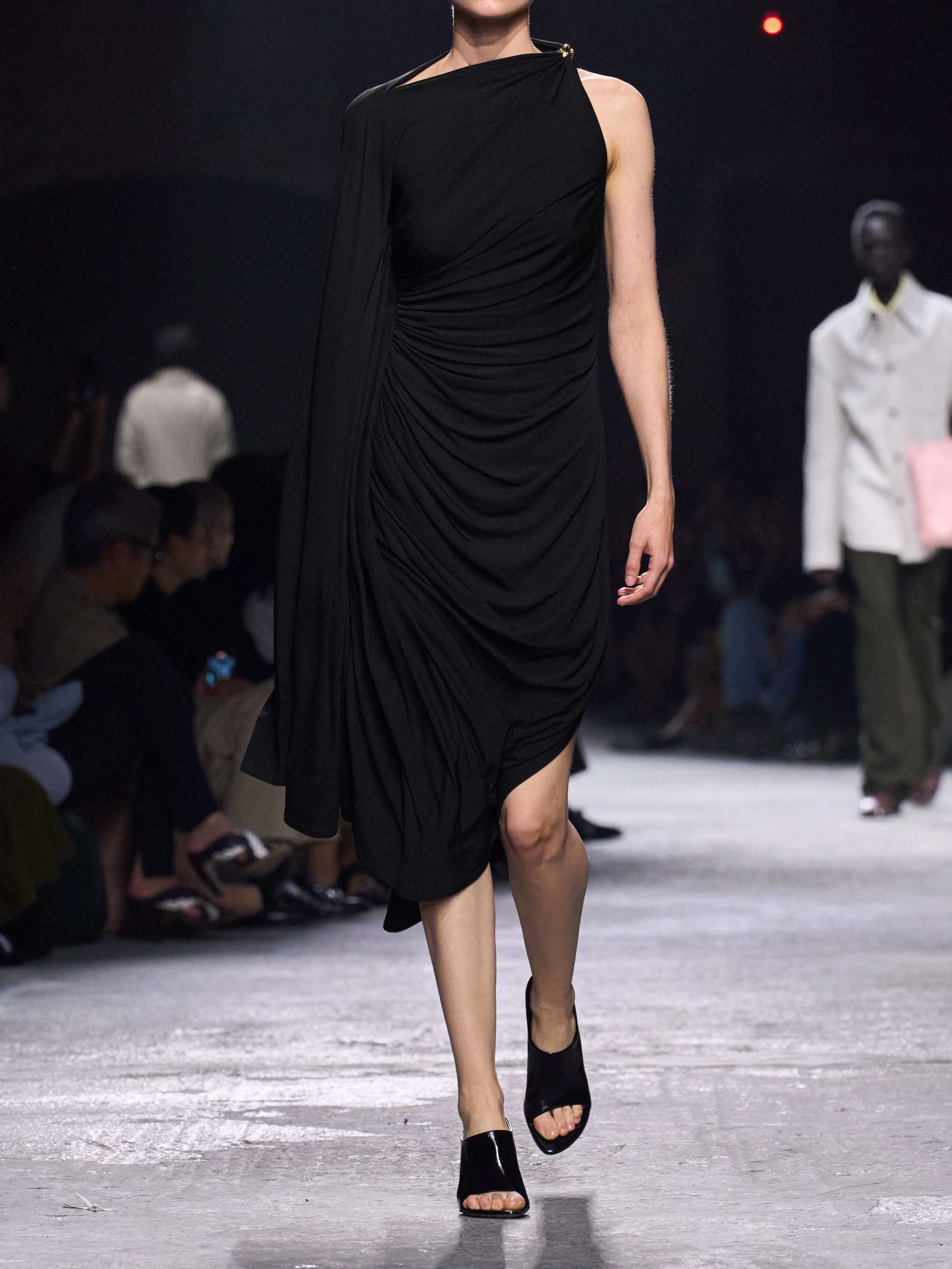 Asymmetric cape-effect embellished draped jersey dress view