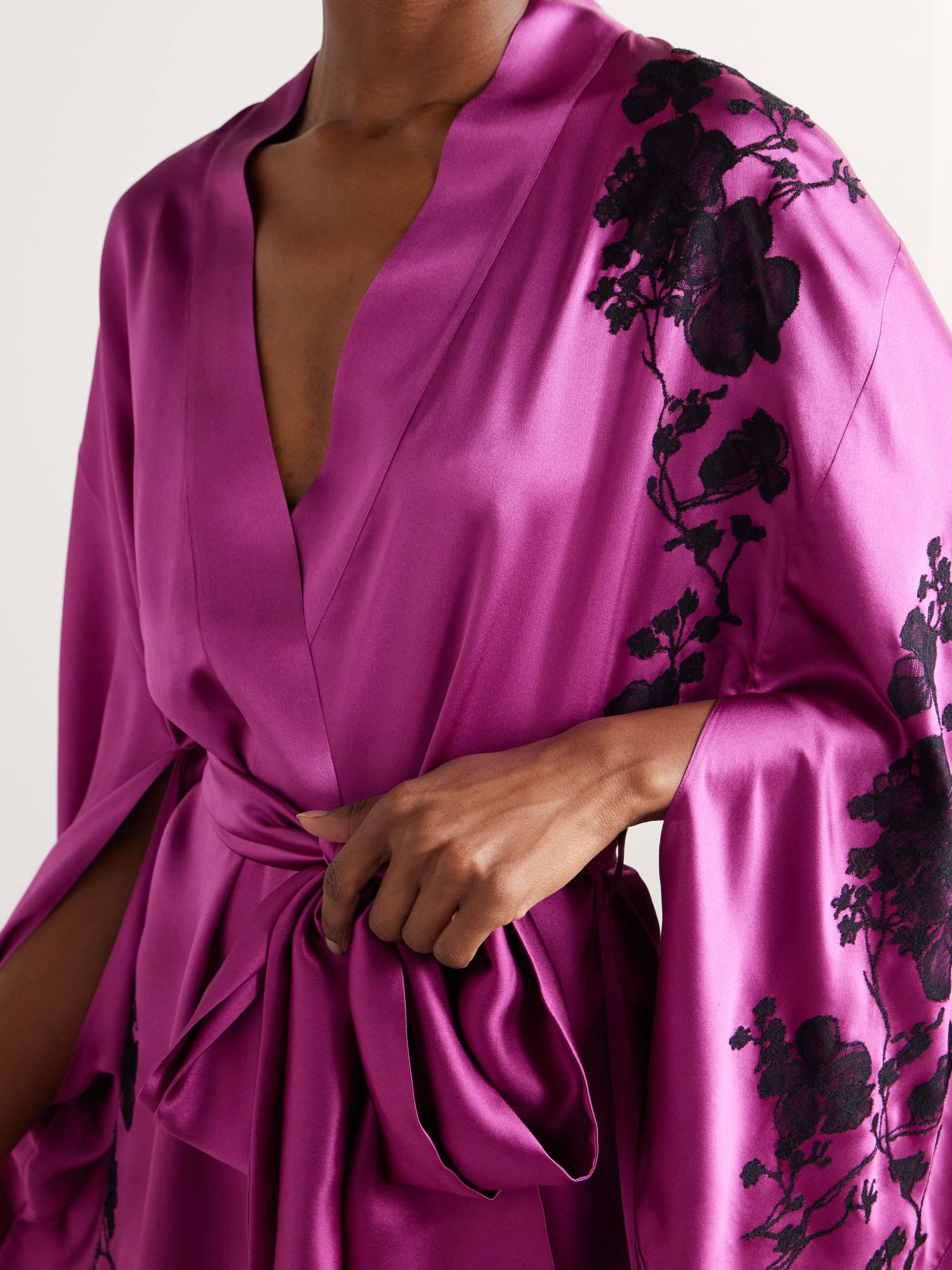 Belted lace-trimmed silk-satin robe view