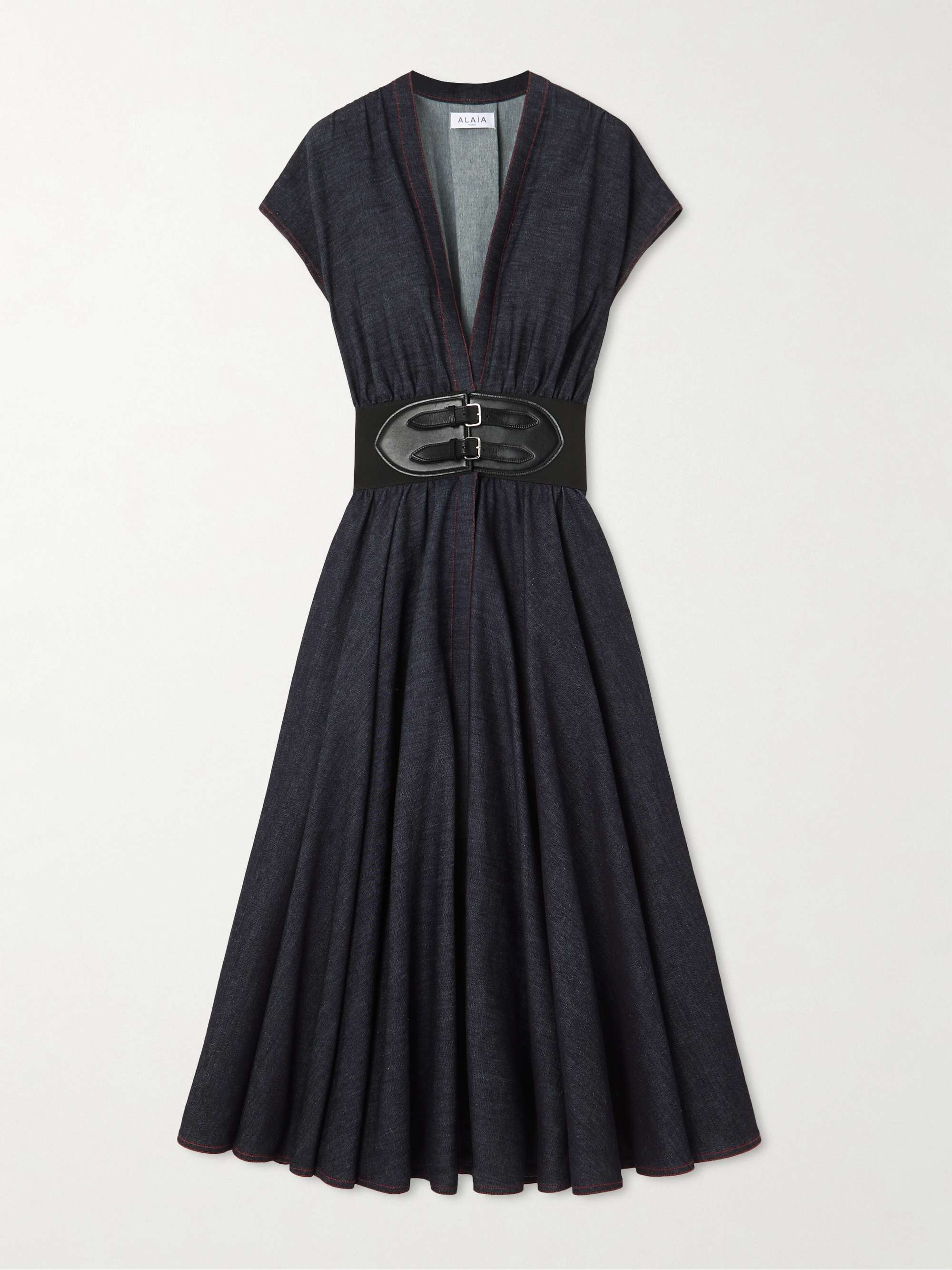 Belted denim midi wrap dress view