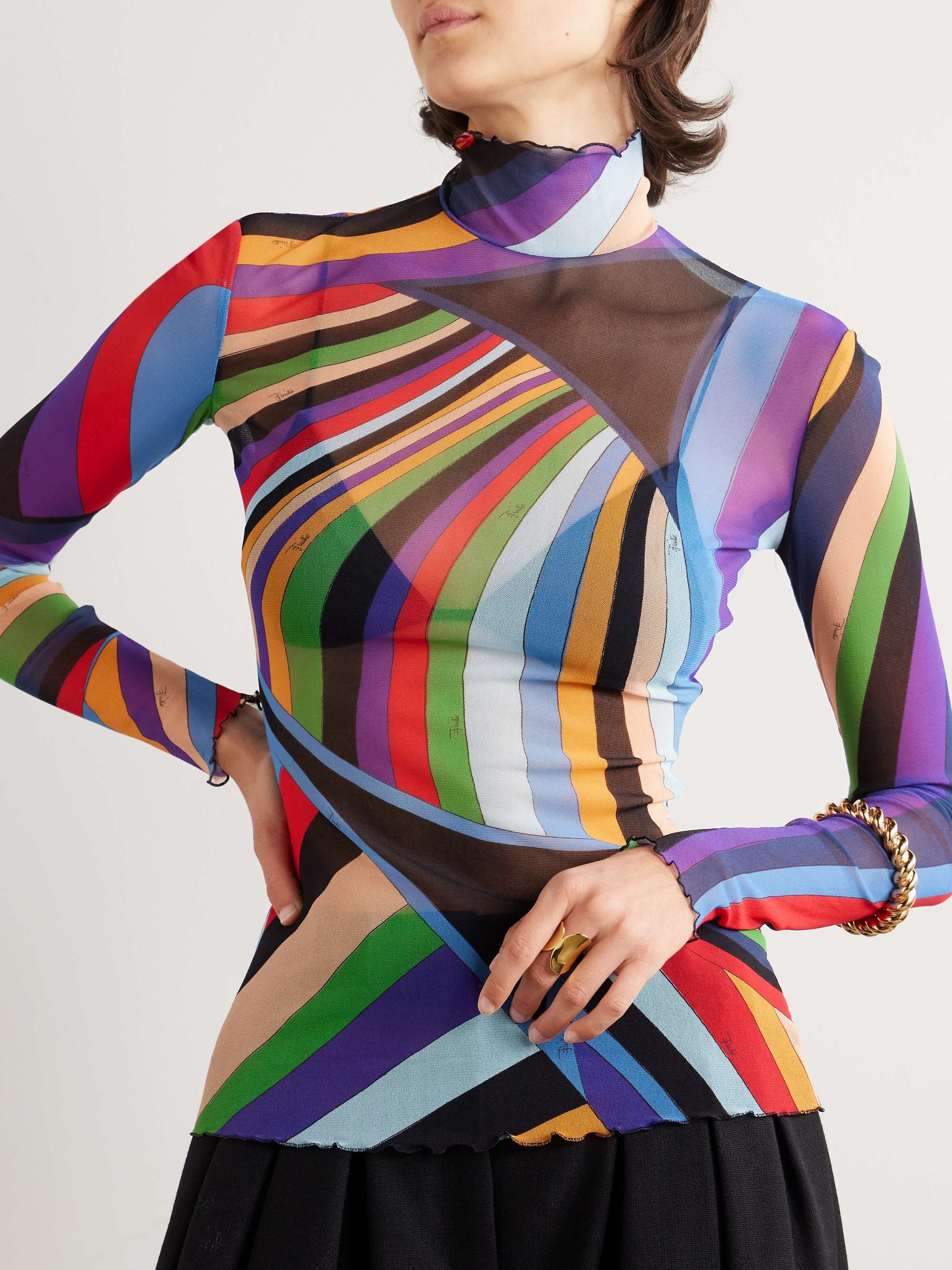 Iride printed stretch-tulle turtleneck top view