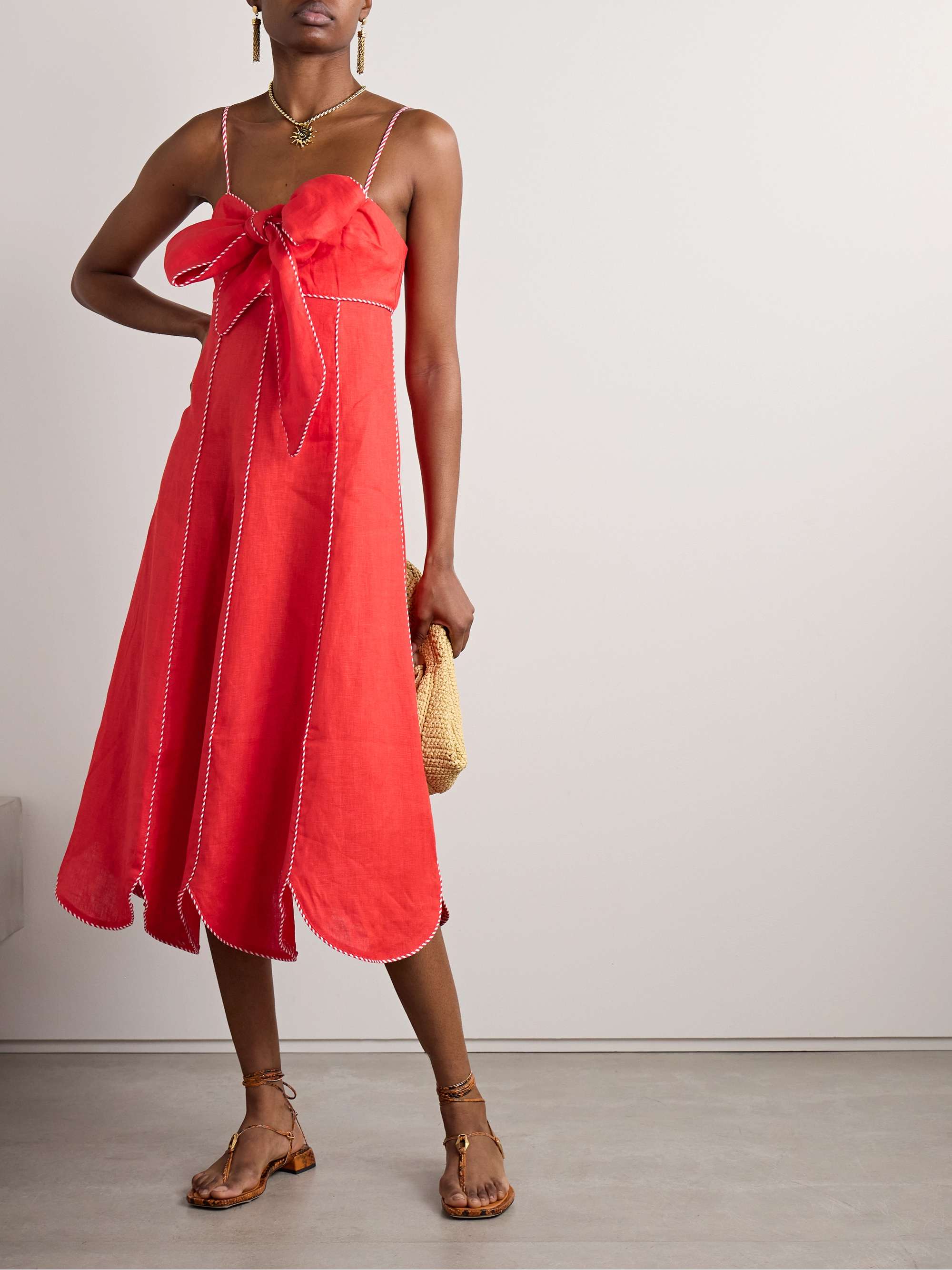 Bow-embellished scalloped linen midi dress view