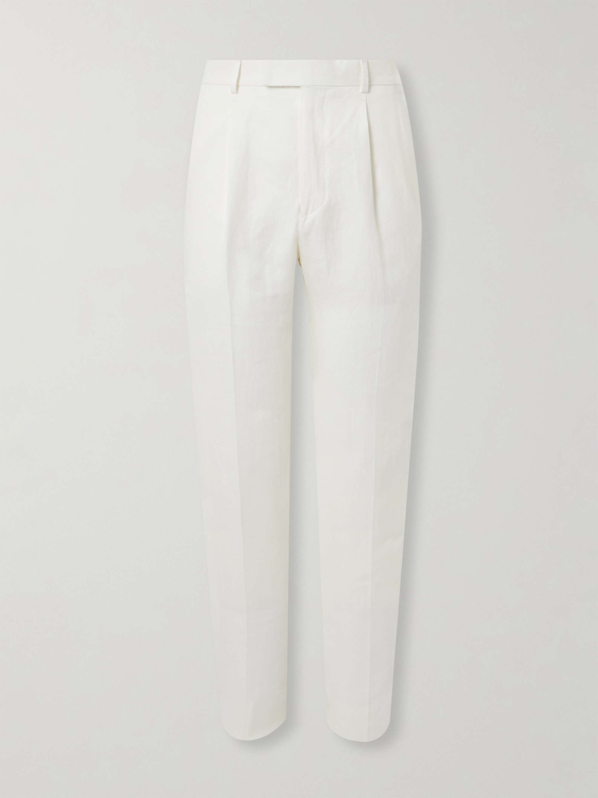 Straight-Leg Pleated Linen-Twill Trousers view