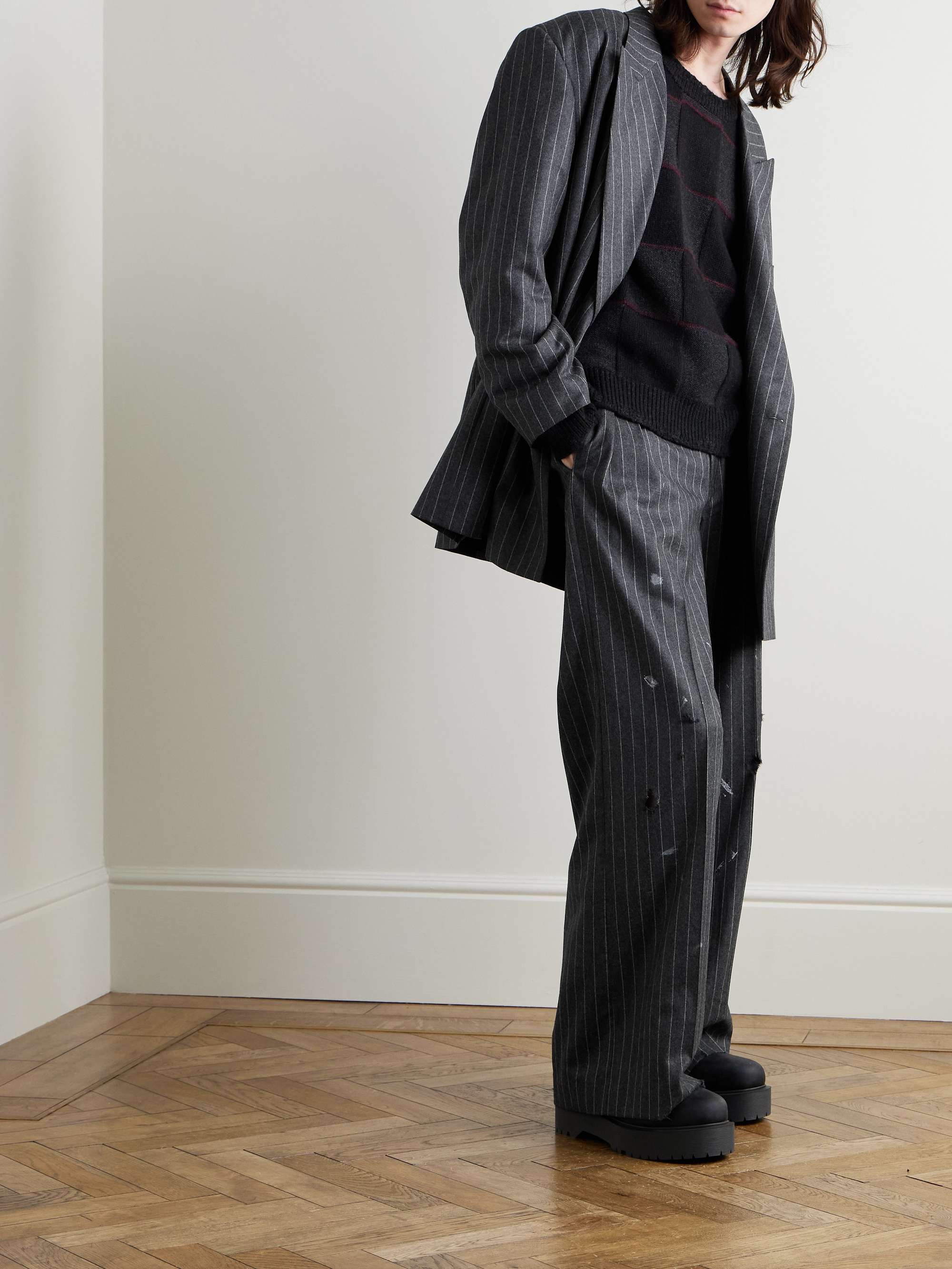 Wide-Leg Pleated Pinstriped Distressed Virgin Wool-Twill Trousers view