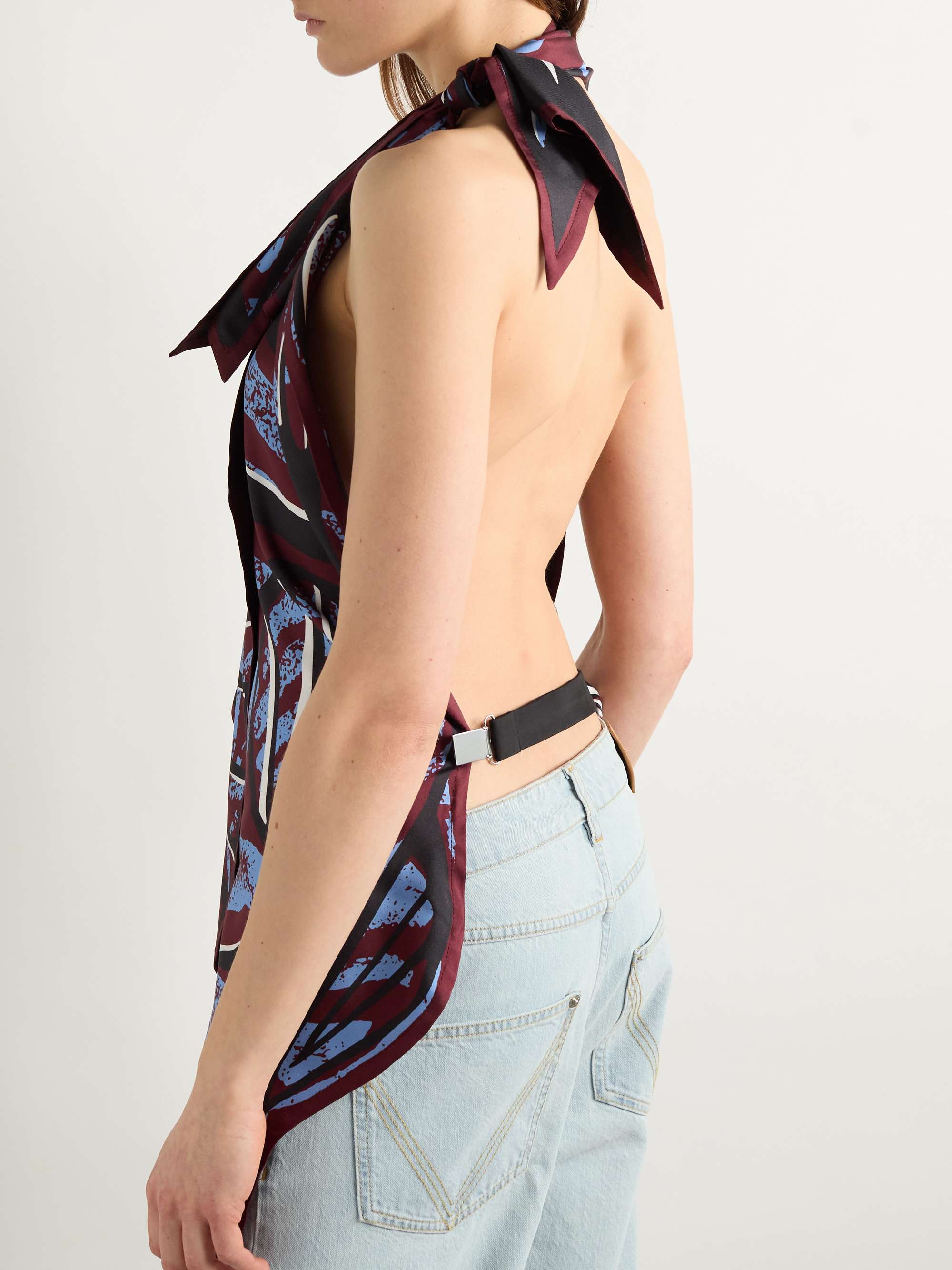 Open-back printed silk-twill halterneck top view