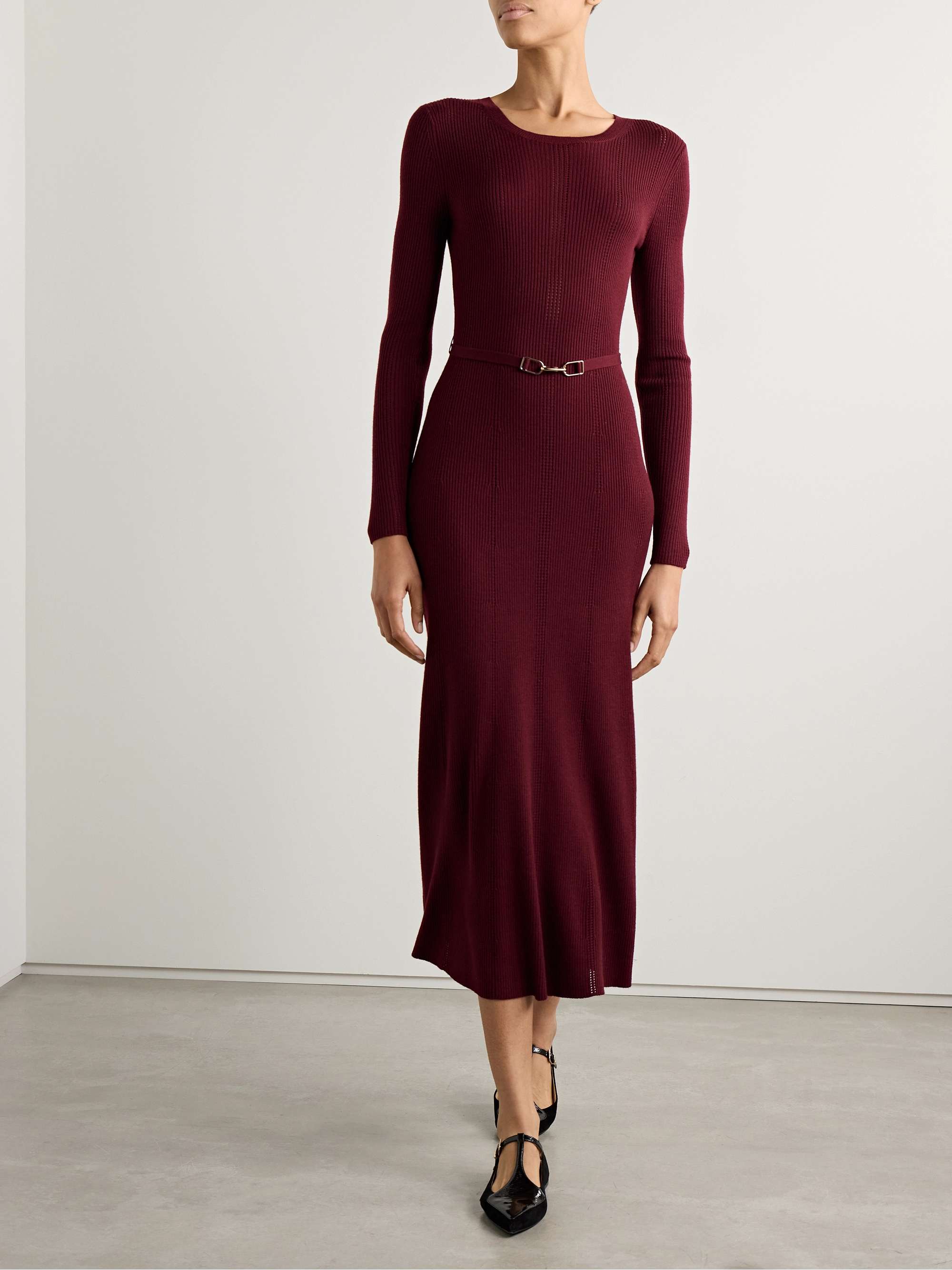 Imagene belted ribbed pointelle-knit wool midi dress view