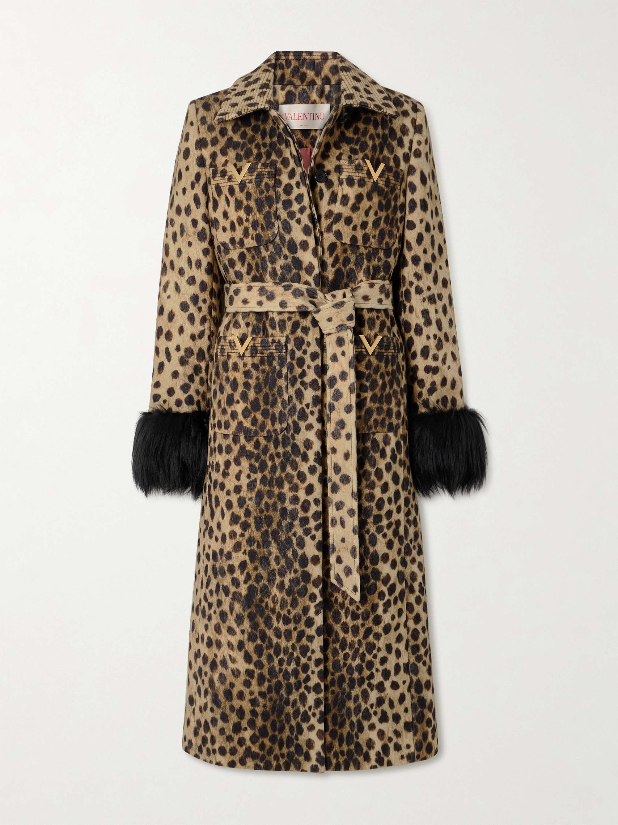 Belted faux fur-trimmed embellished cheetah-print wool coat view