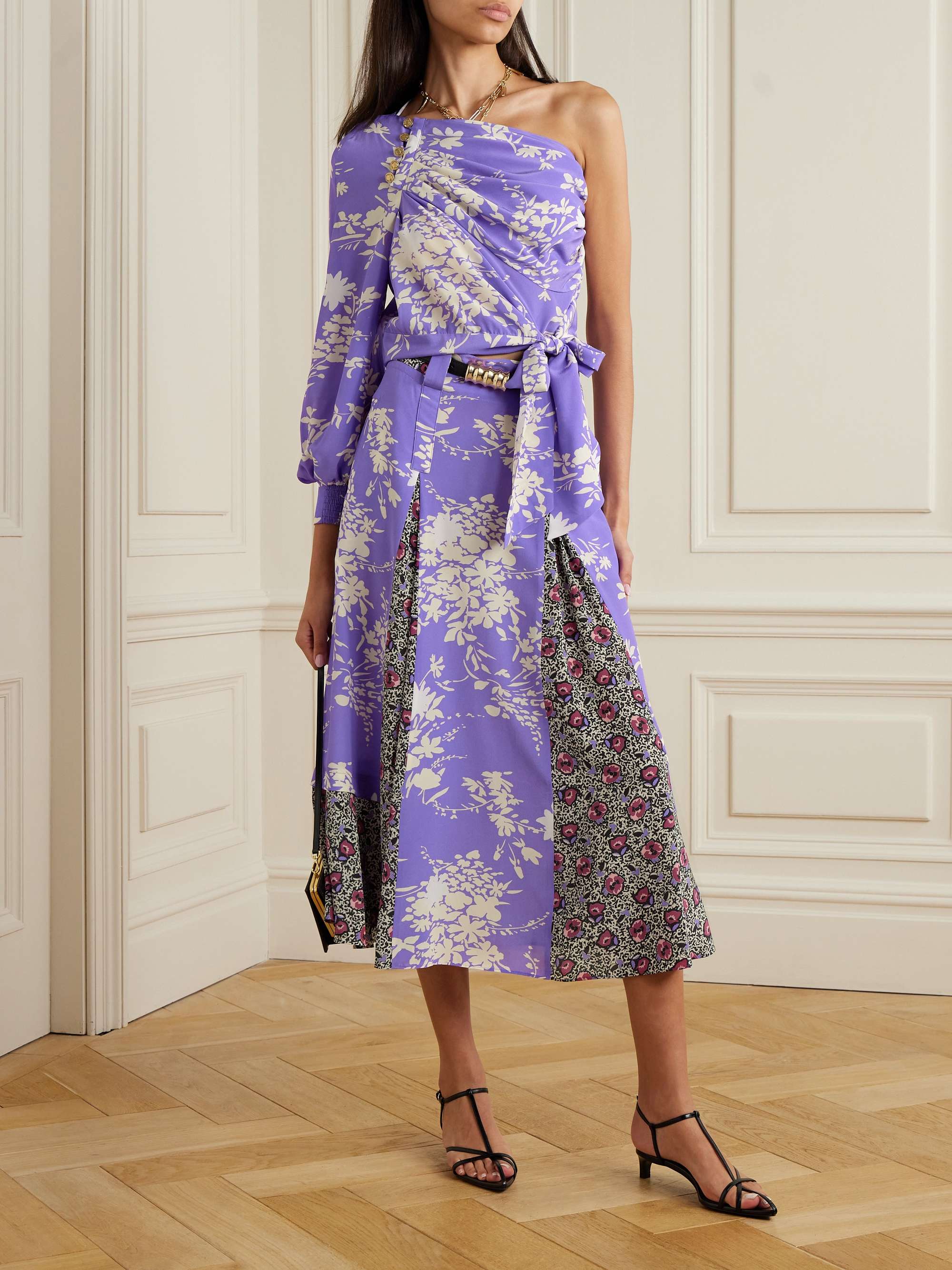 Solange one-shoulder draped floral-print silk crepe de chine top view
