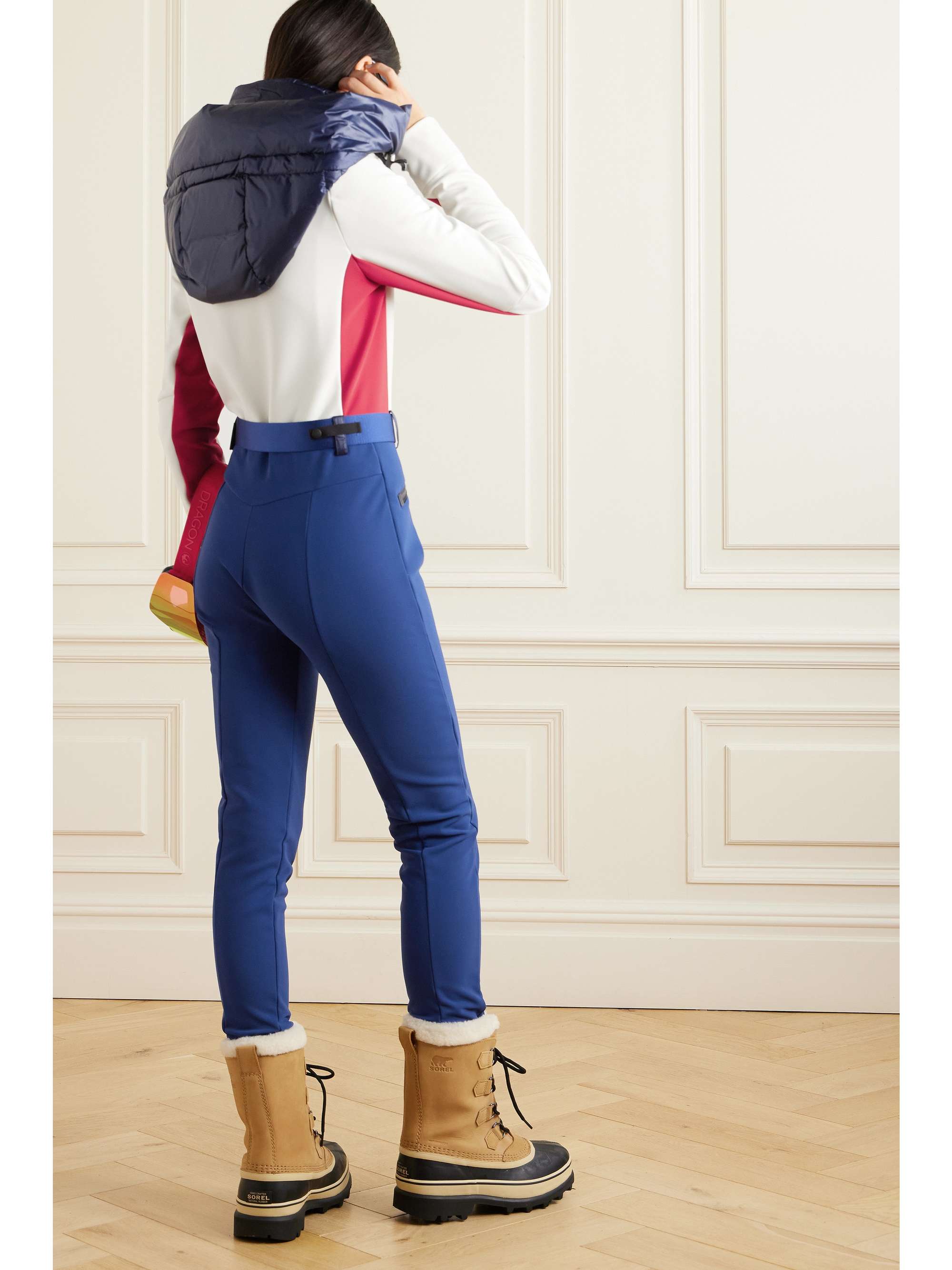 Hooded belted color-block down ski suit view