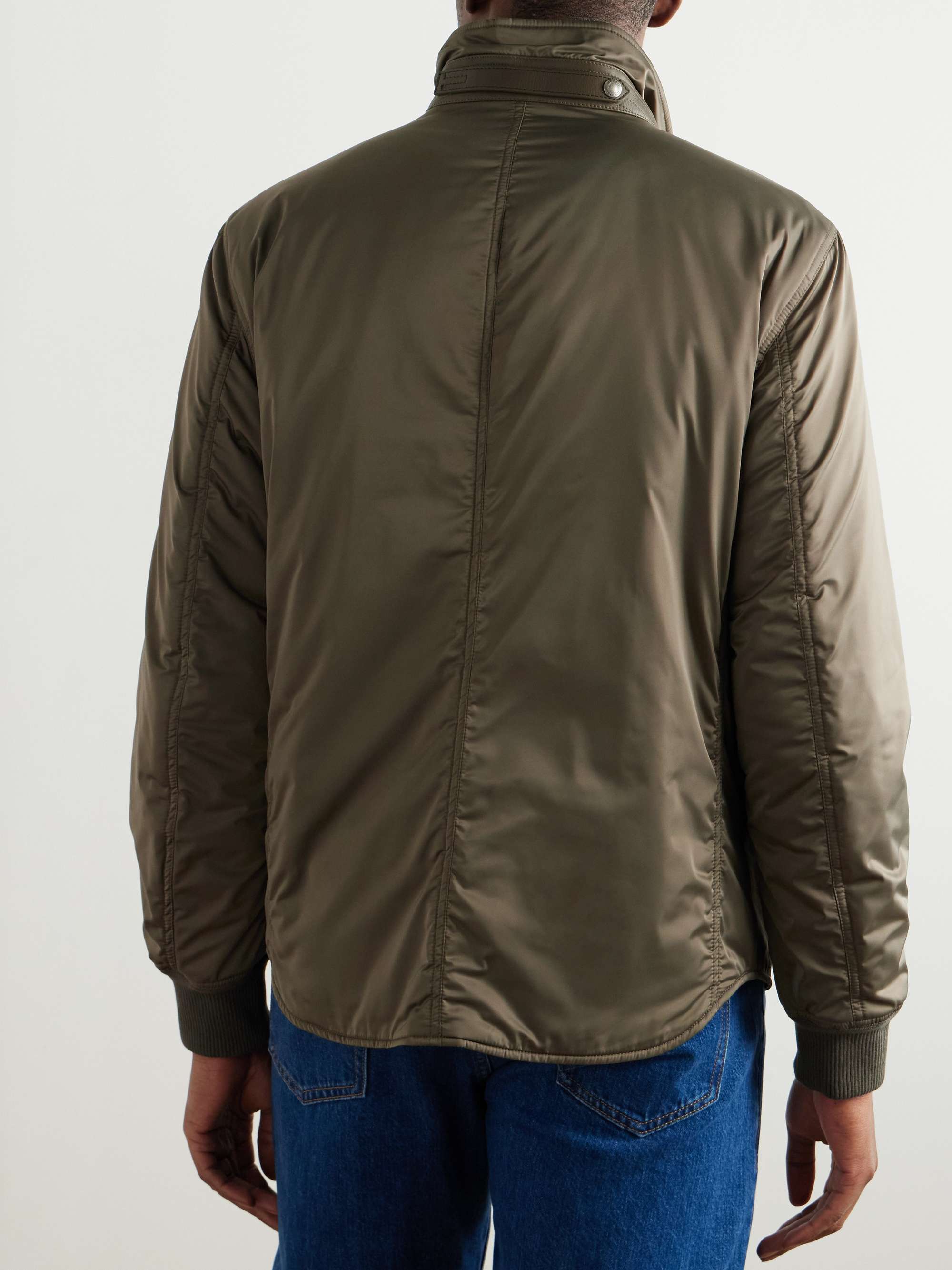 Padded Leather-Trimmed Satin Bomber Jacket view