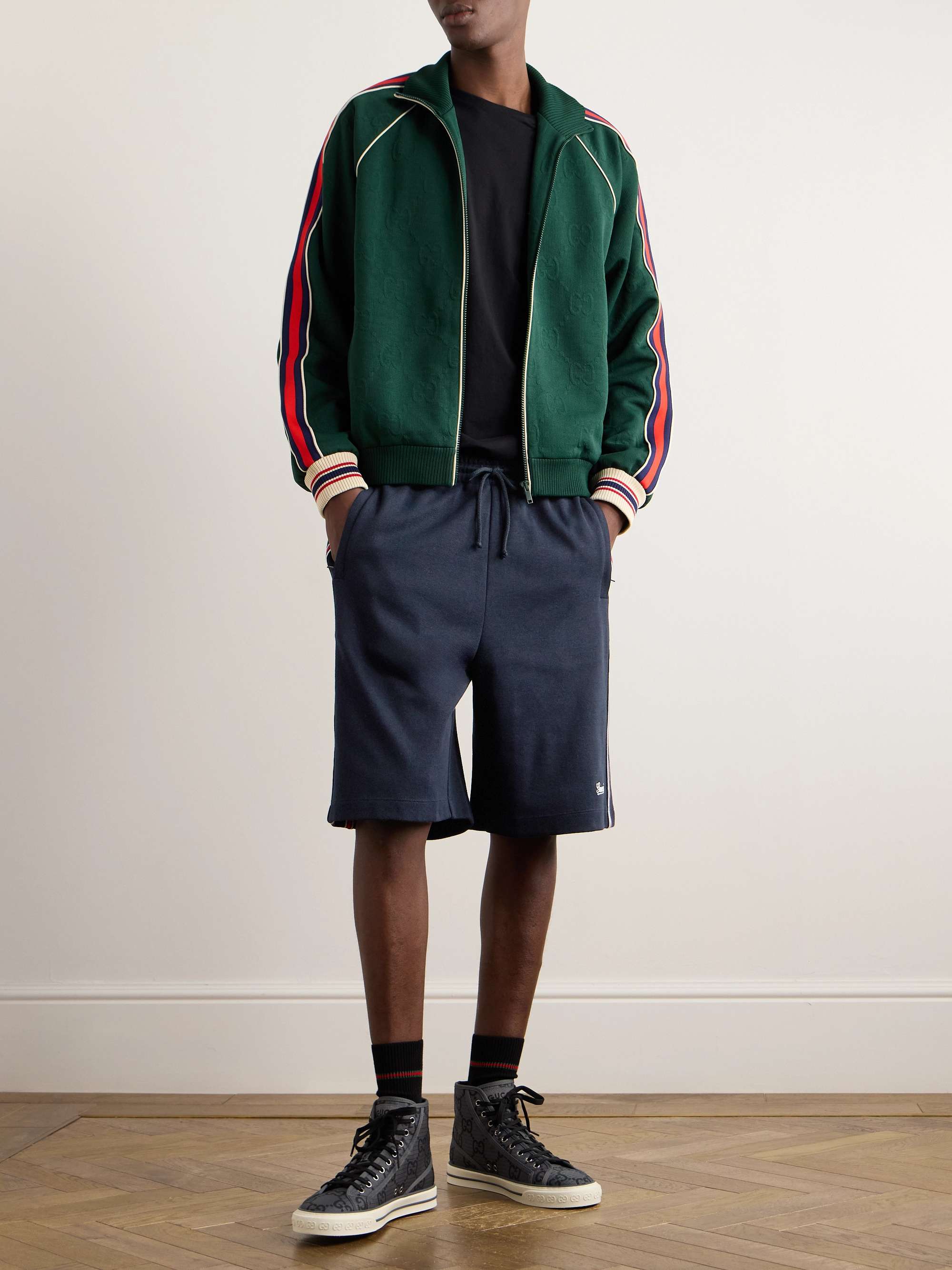Straight-Leg Striped Logo-Embroidered Cotton Drawstring Shorts view