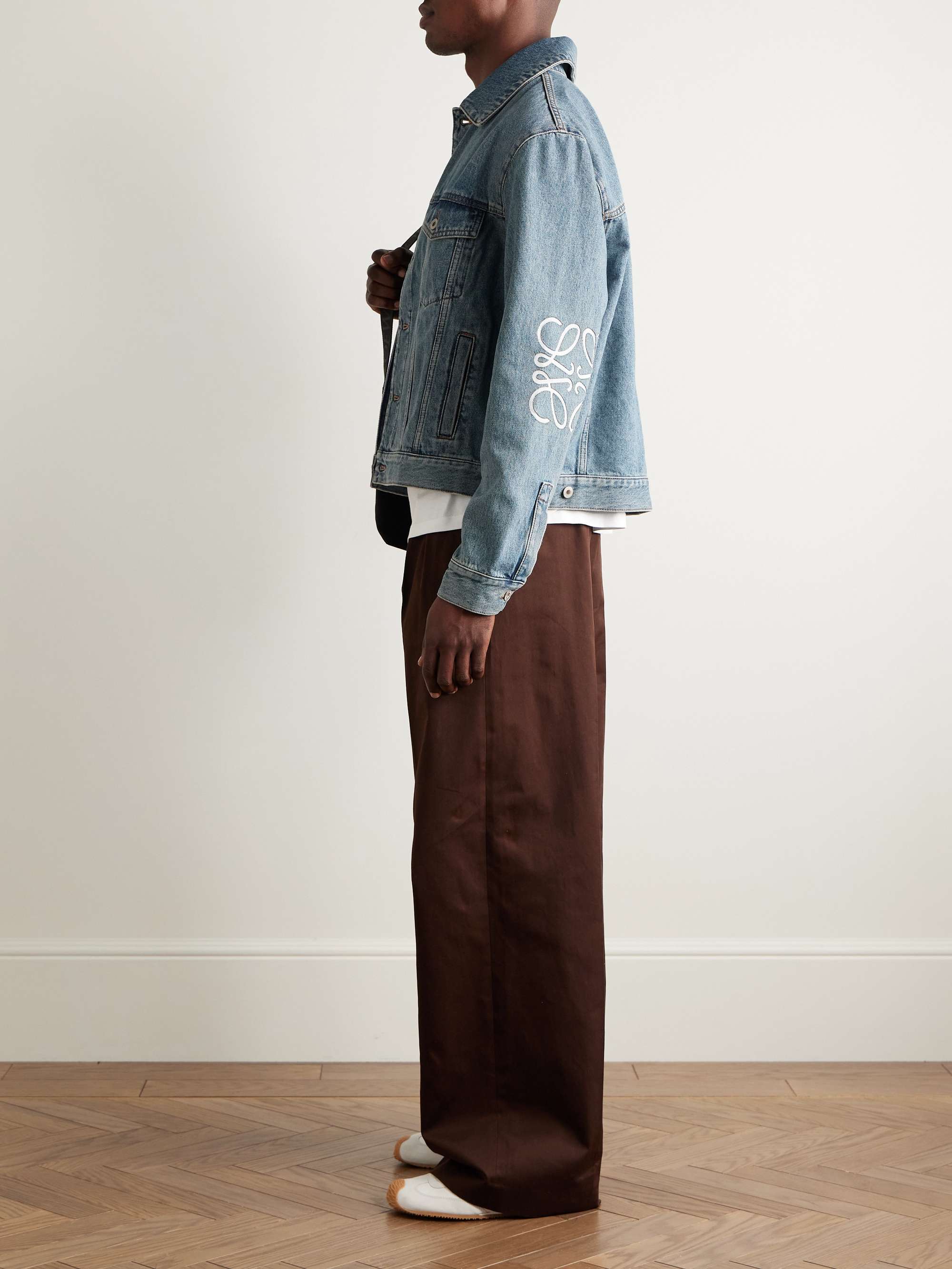 Anagram Leather-Trimmed Cutout Denim Trucker Jacket view