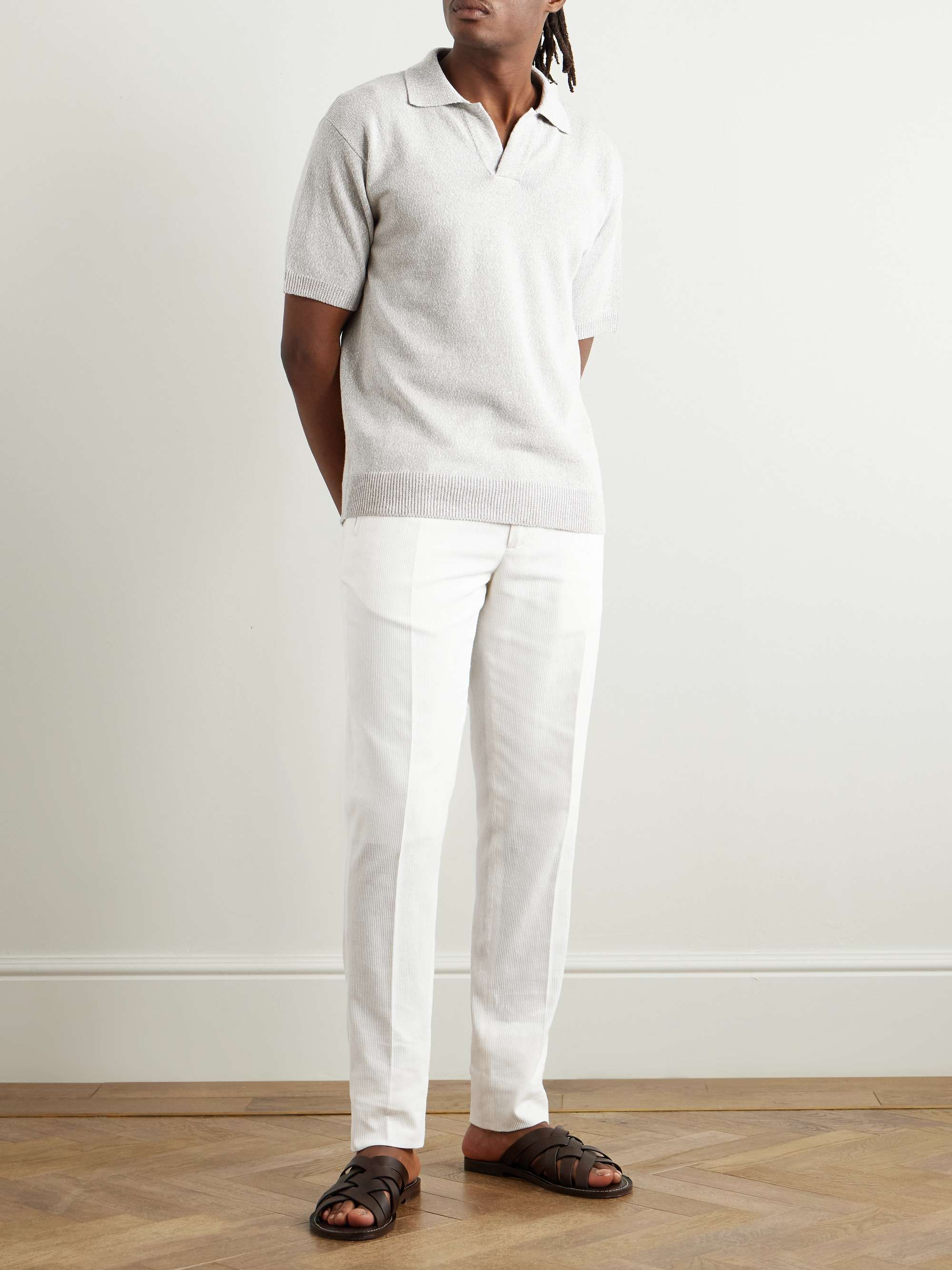 Straight-Leg Pleated Cotton-Blend Seersucker Drawstring Trousers view
