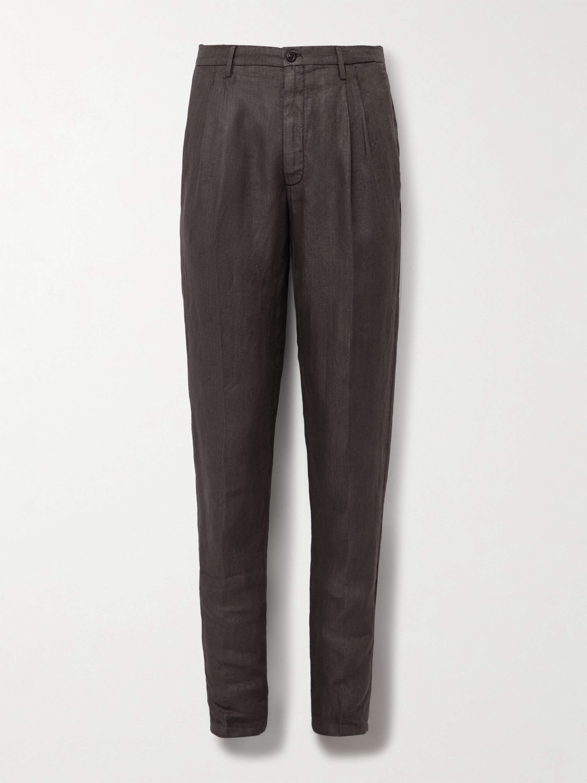 Straight-Leg Pleated Herringbone Linen Suit Trousers view
