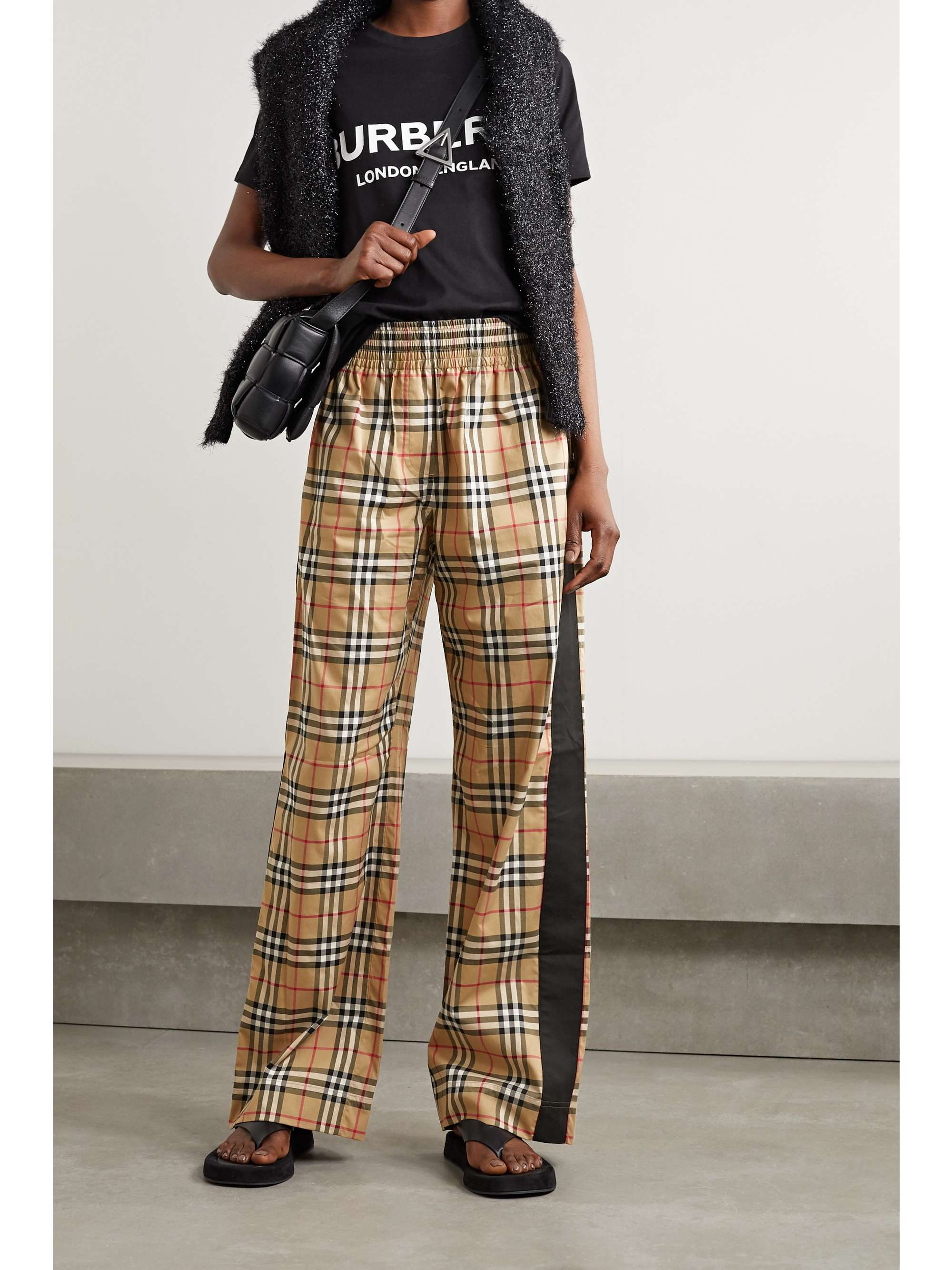 Striped checked cotton-blend wide-leg pants view