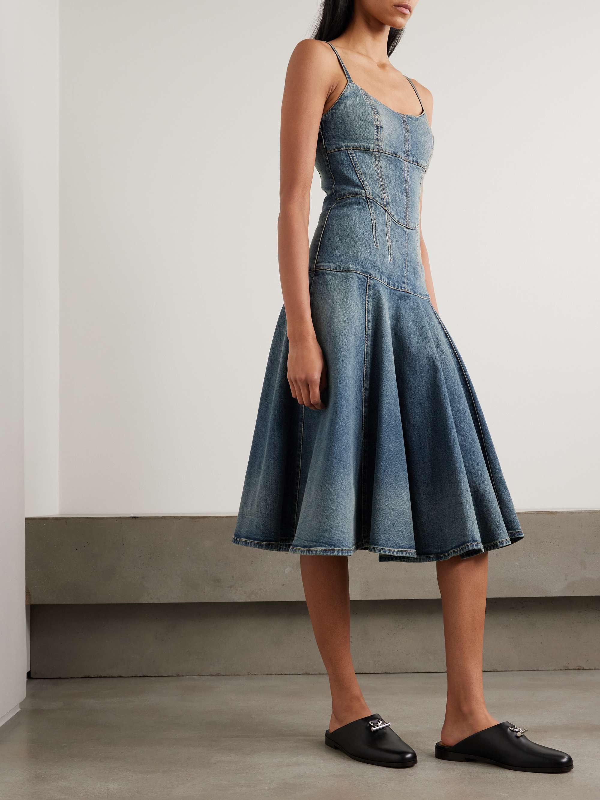 Paneled denim midi dress view