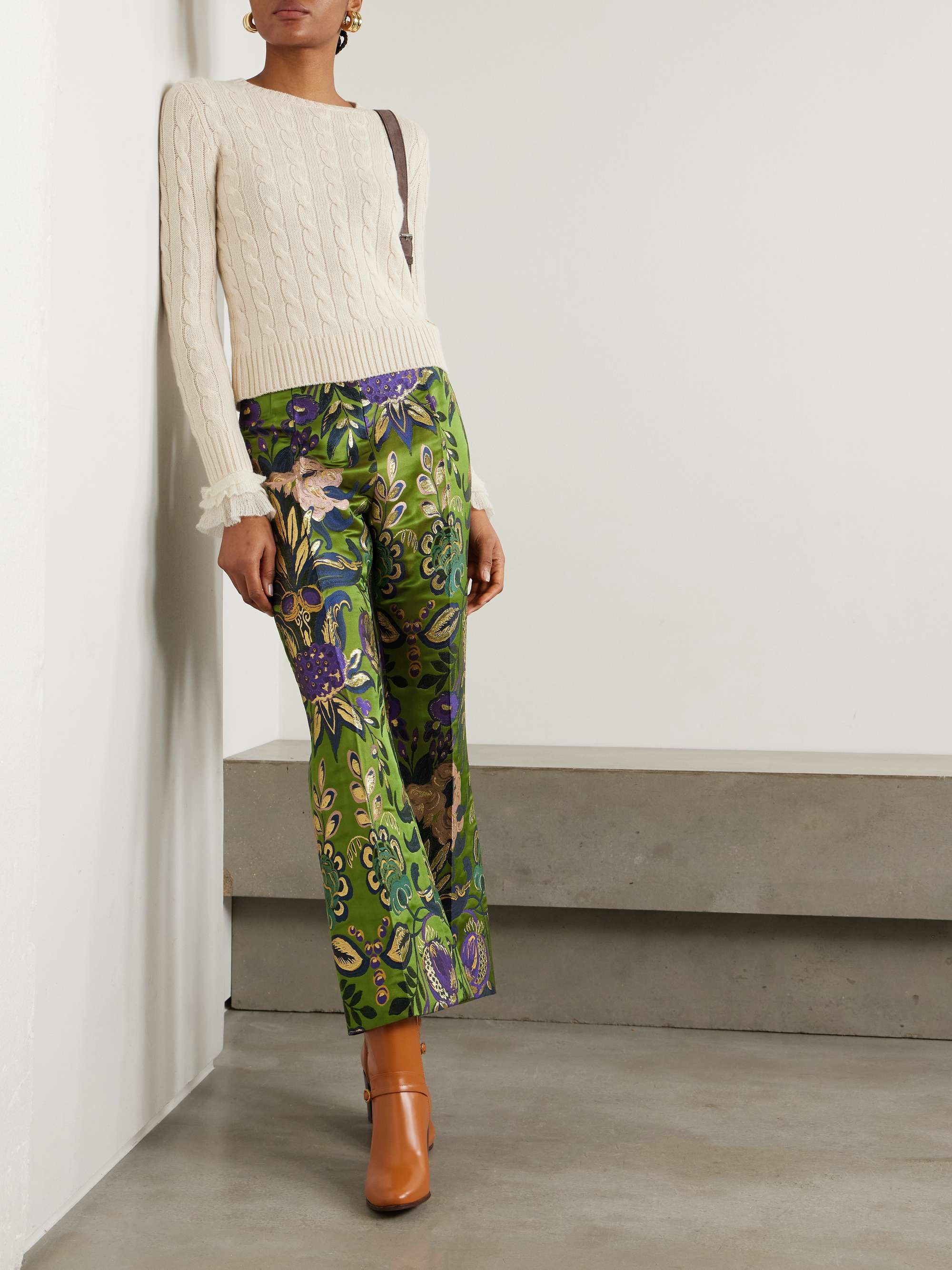 Floral-print metallic jacquard straight-leg pants view