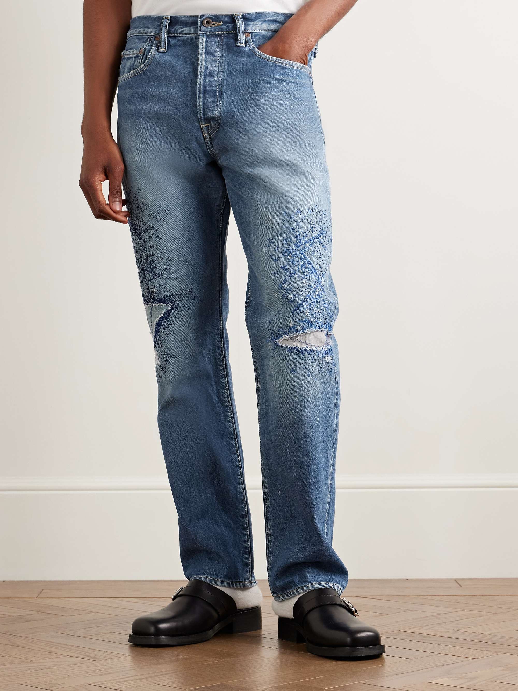 Monkey CISCO Straight-Leg Distressed Embroidered Jeans view
