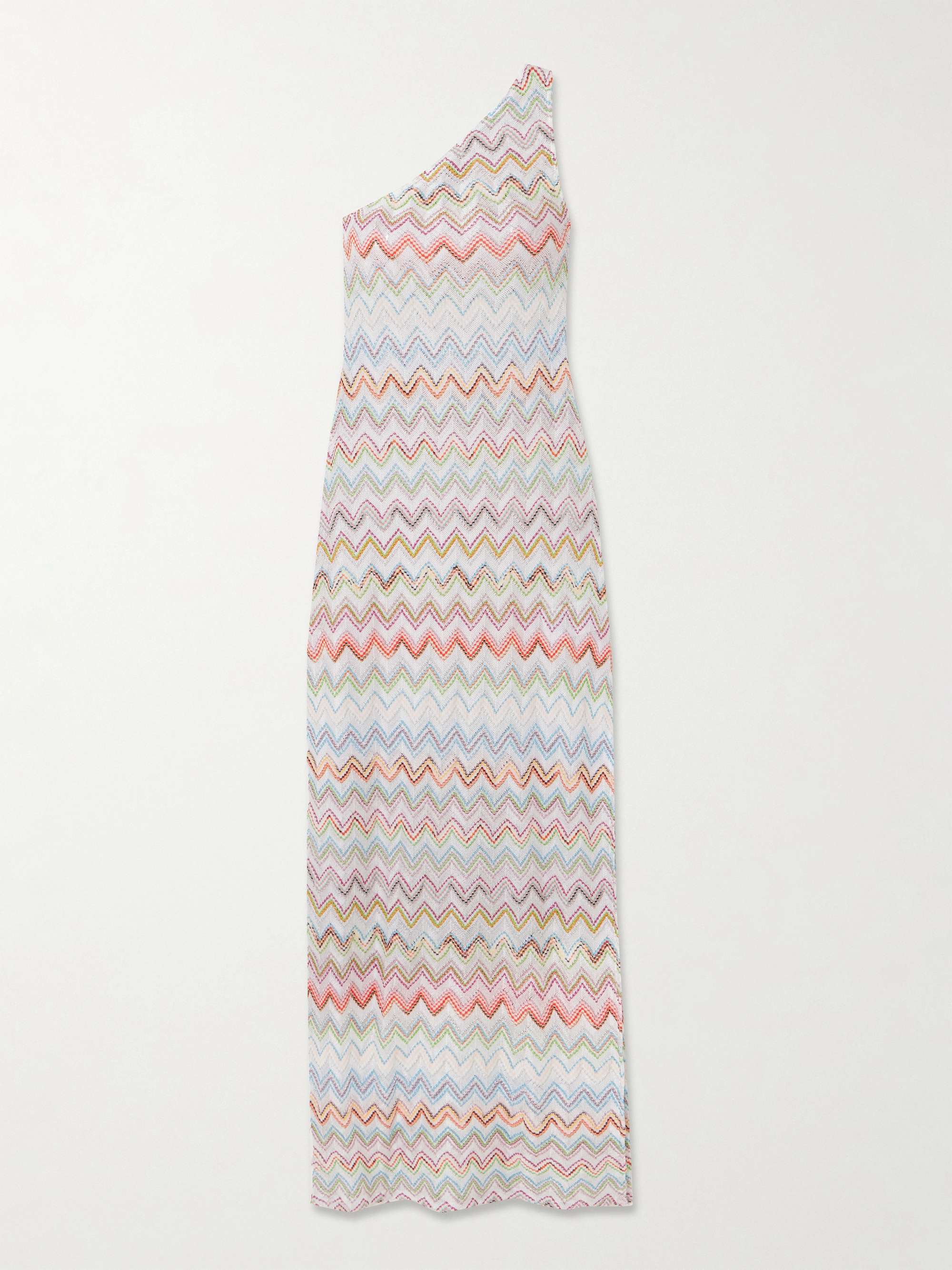 One-shoulder striped metallic crochet-knit coverup view