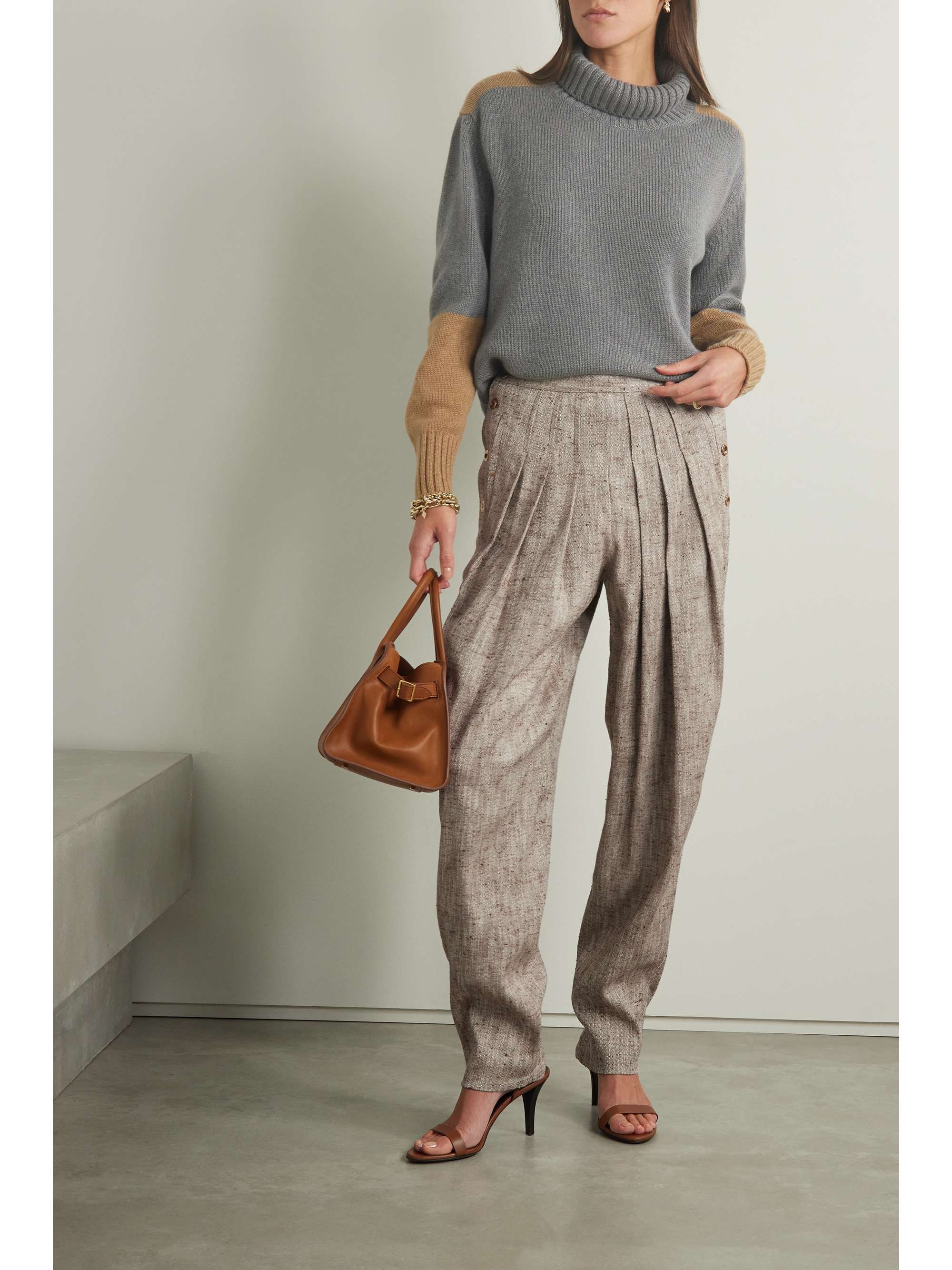 Asael pleated silk, hemp and cotton-blend tweed tapered pants view