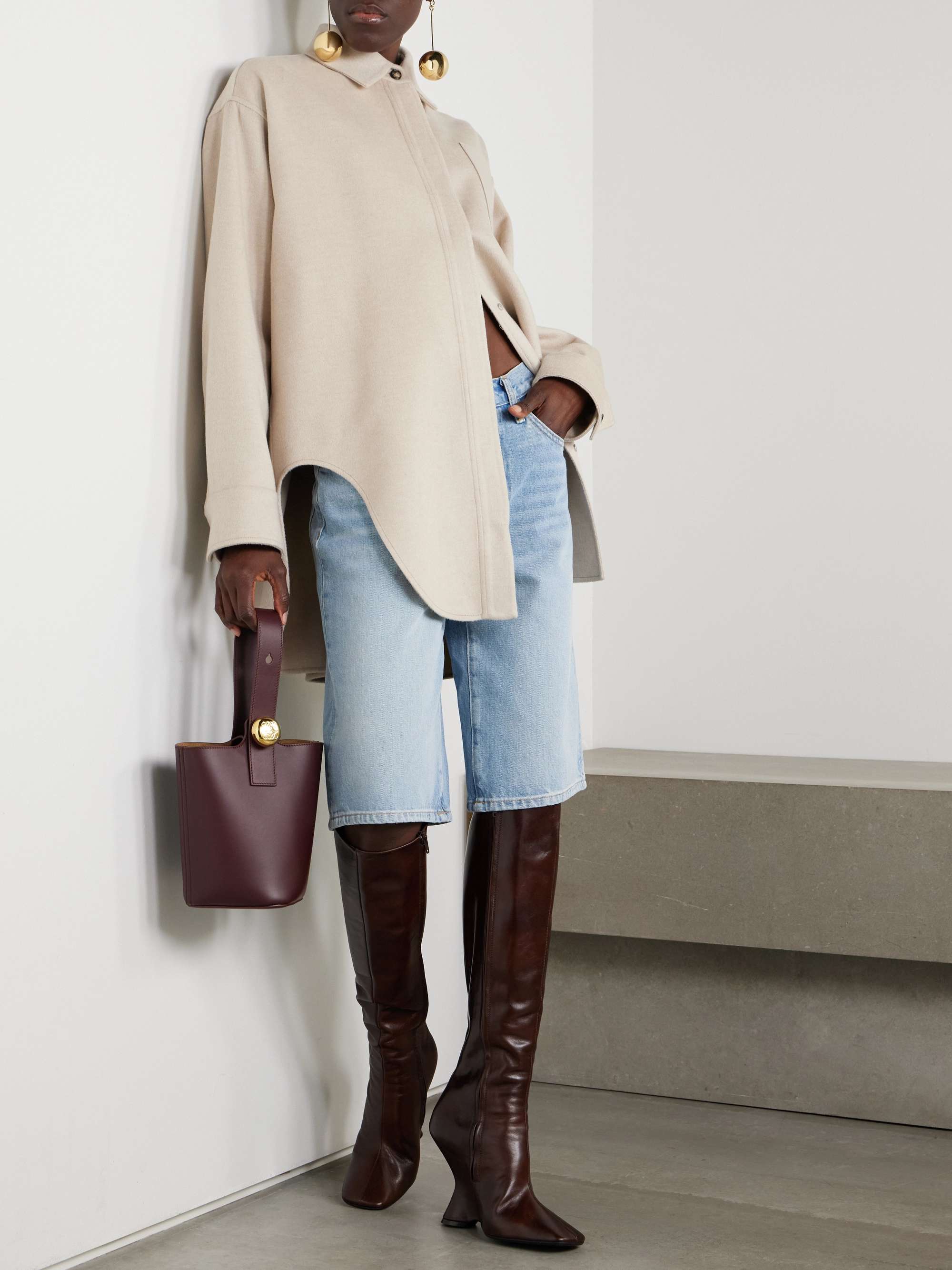 Leather-trimmed wool and cashmere-blend jacket view