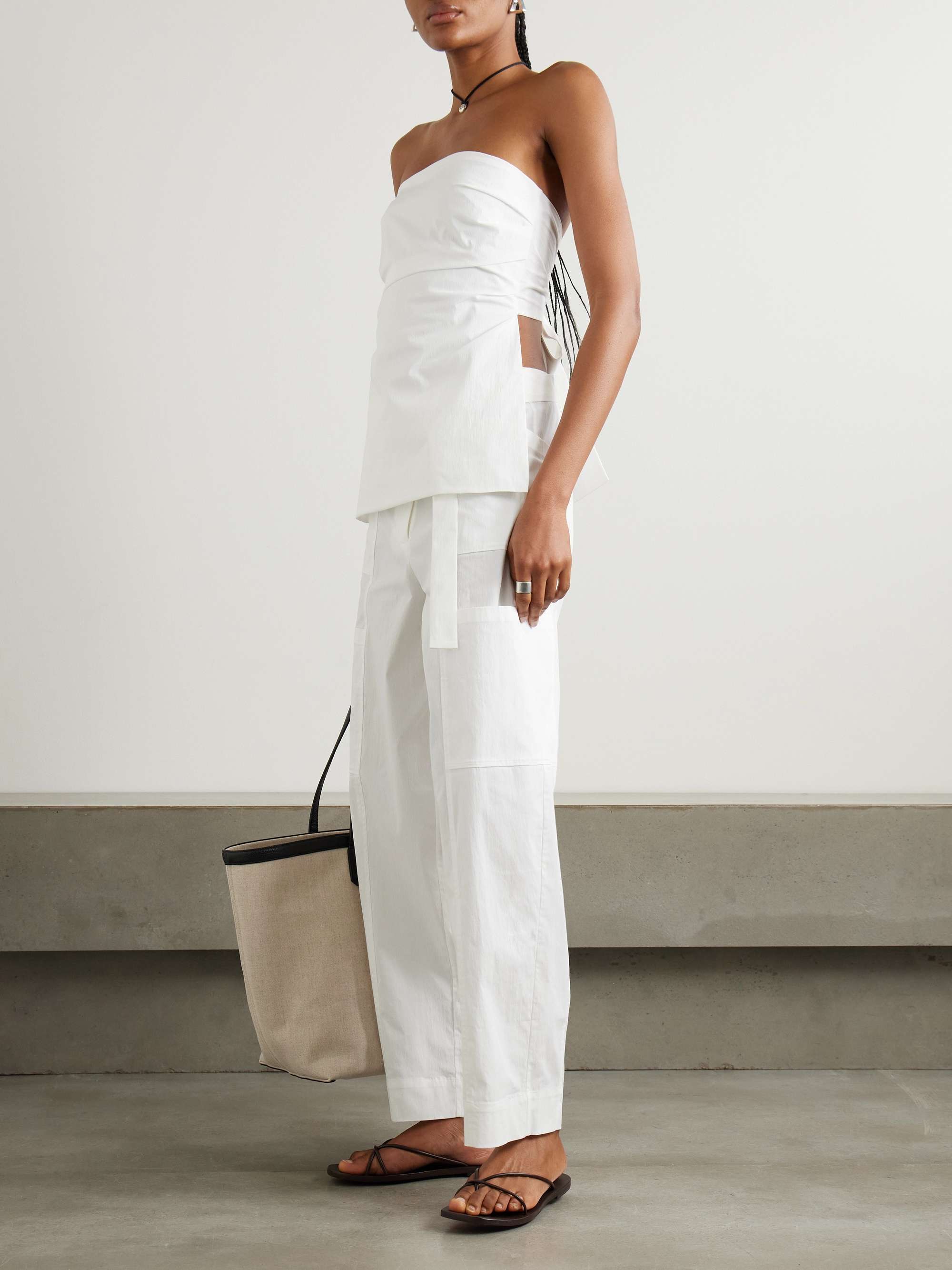 Strapless tie-back ruched cotton-blend top view