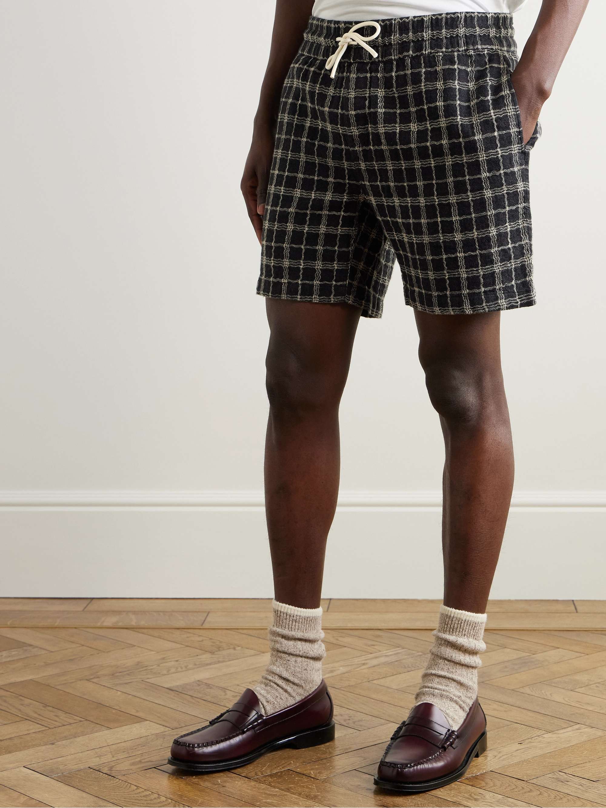 Dorne Straight-Leg Checked Cotton and Linen-Blend Jacquard Drawstring Shorts view