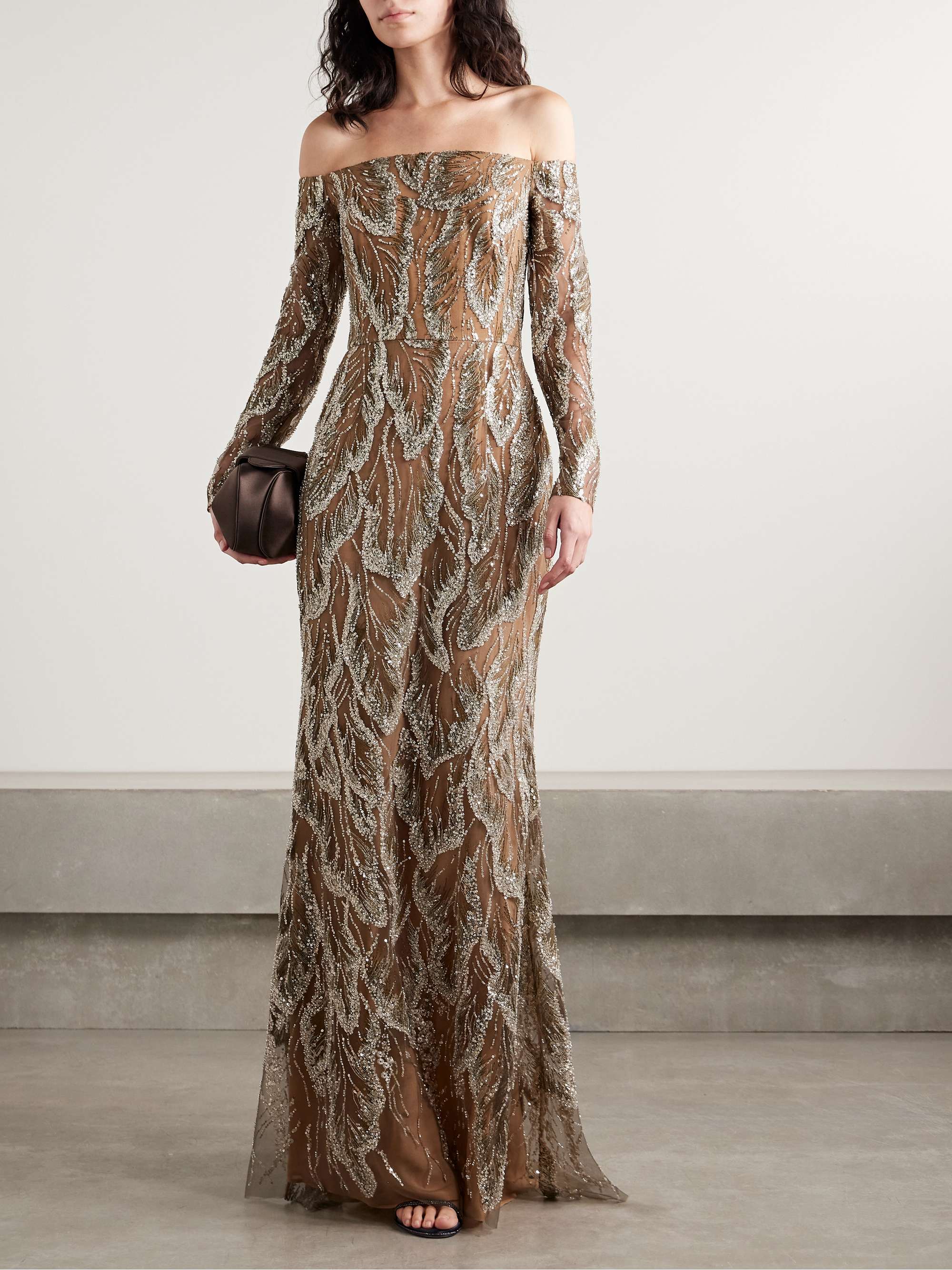 Off-the-shoulder embellished embroidered silk-blend tulle gown view
