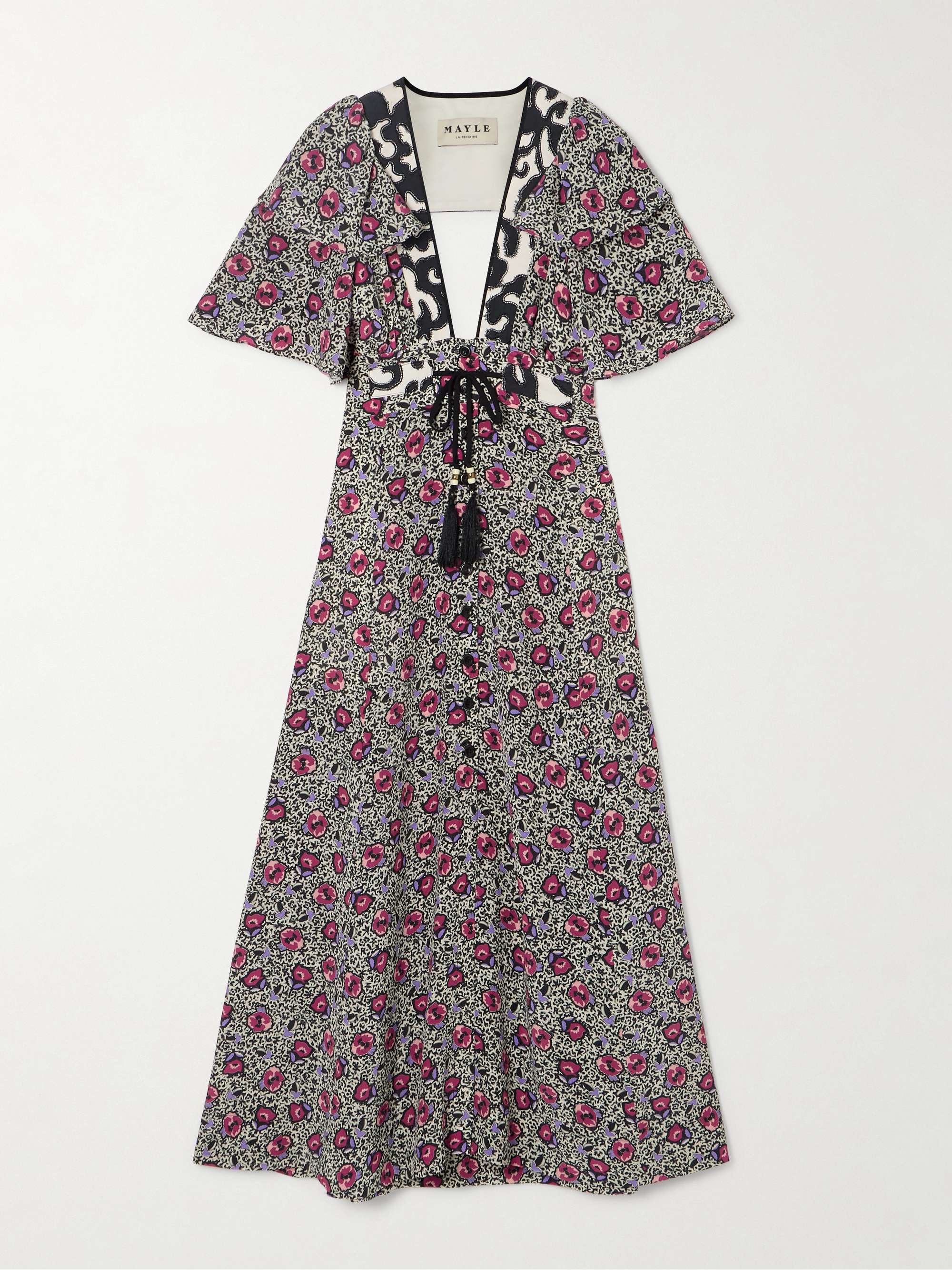 Flora Mar tasseled floral-print silk crepe de chine midi dress view