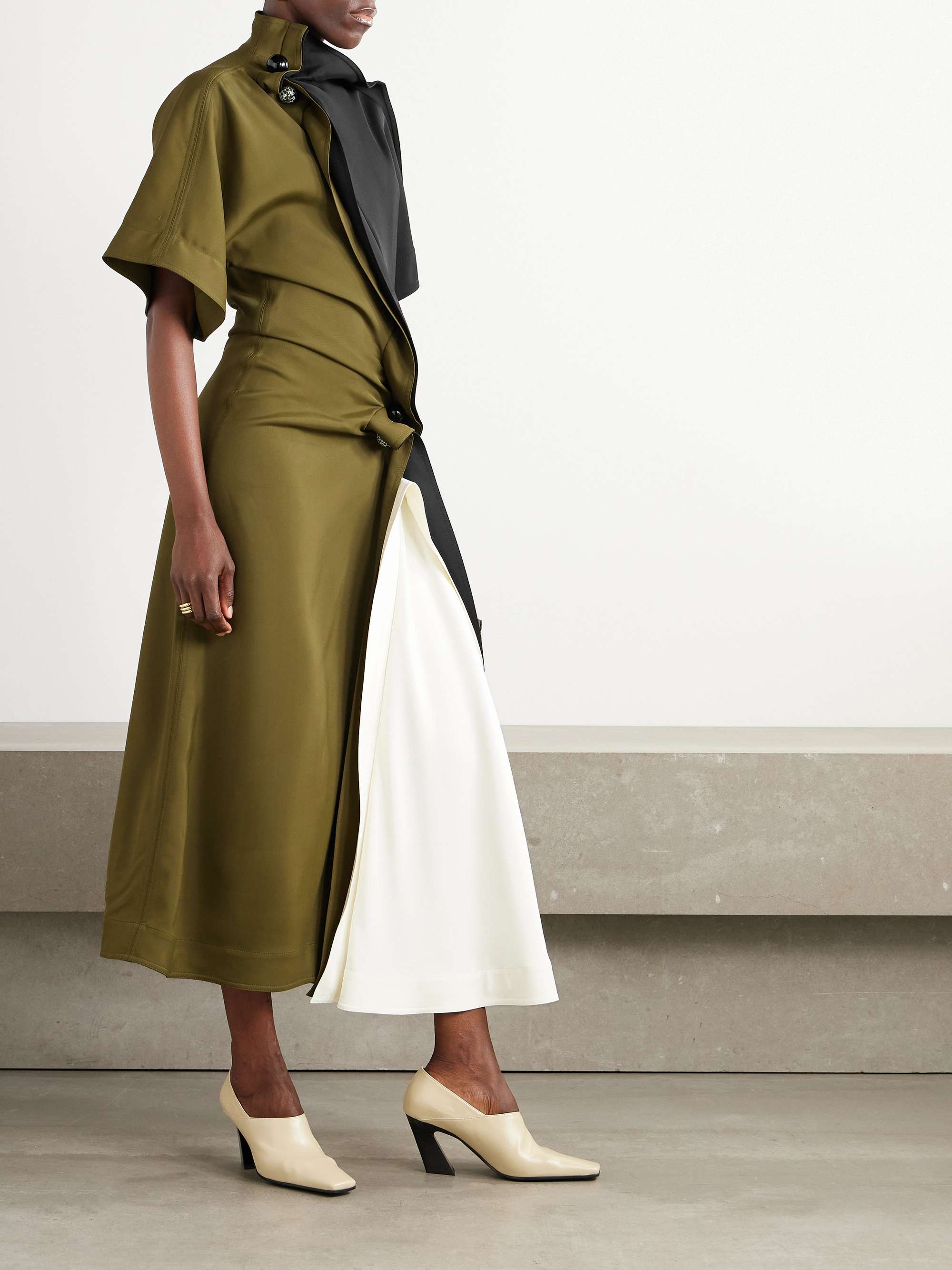 Draped asymmetric color-block satin dress view
