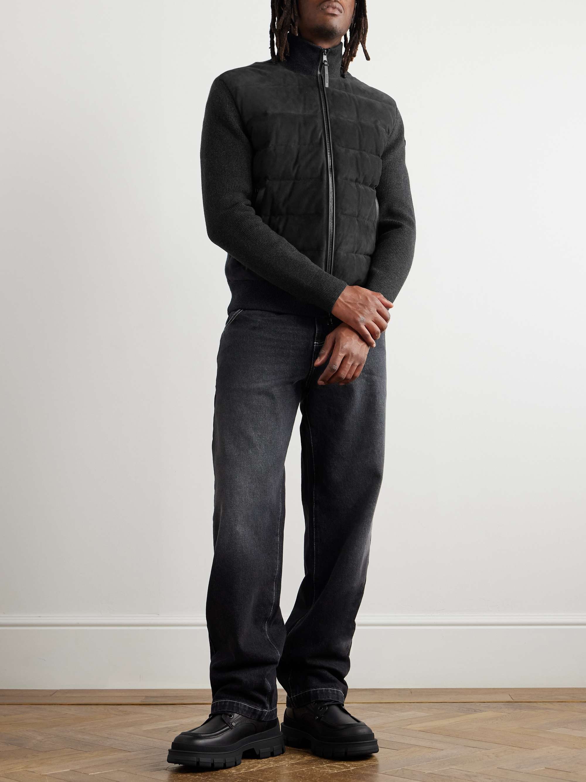 Slim-Fit Logo-Appliquéd Leather-Trimmed Quilted Suede and Virgin Wool Down Cardigan view
