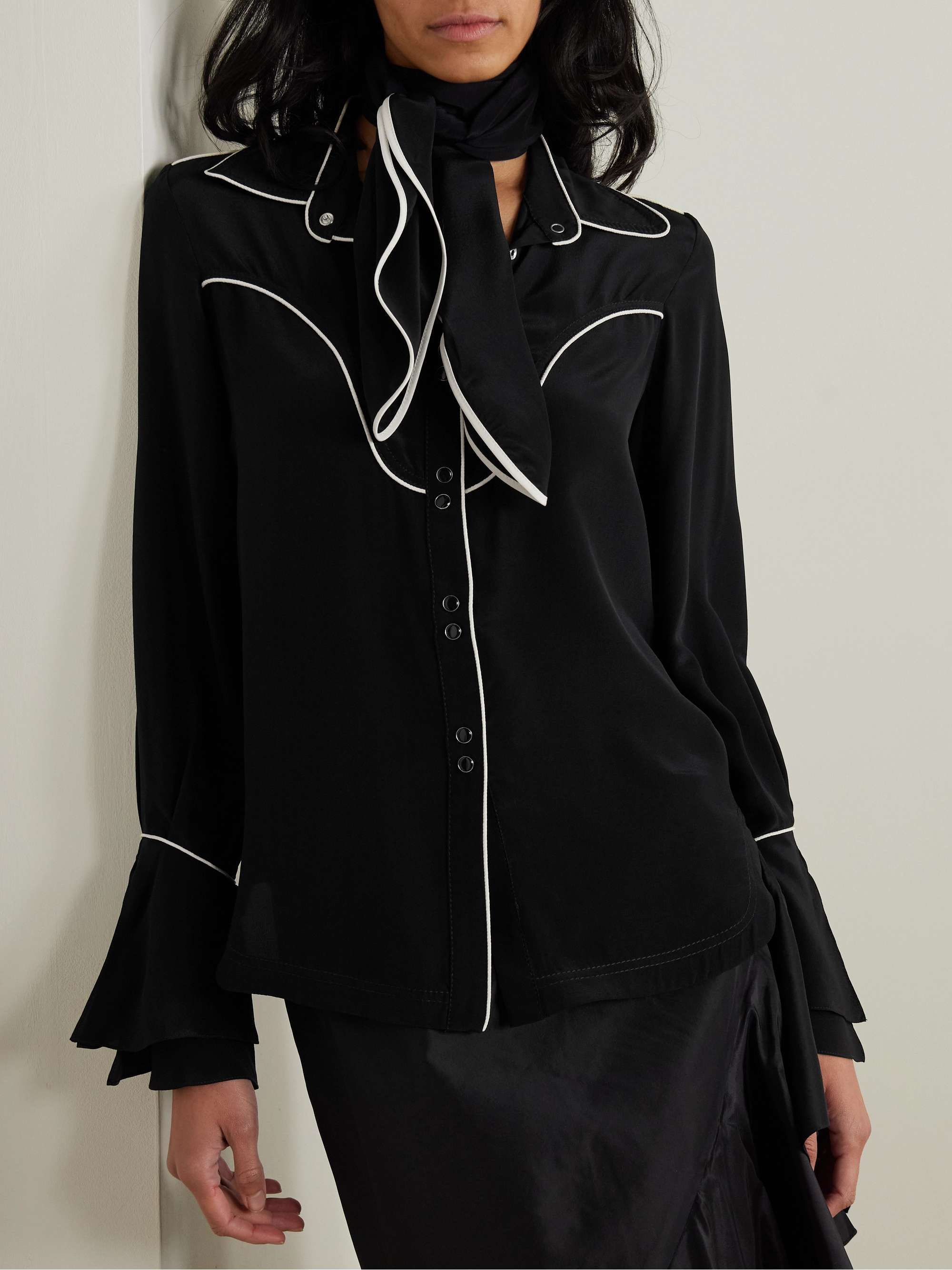 High Tides scarf-detailed piped silk shirt view