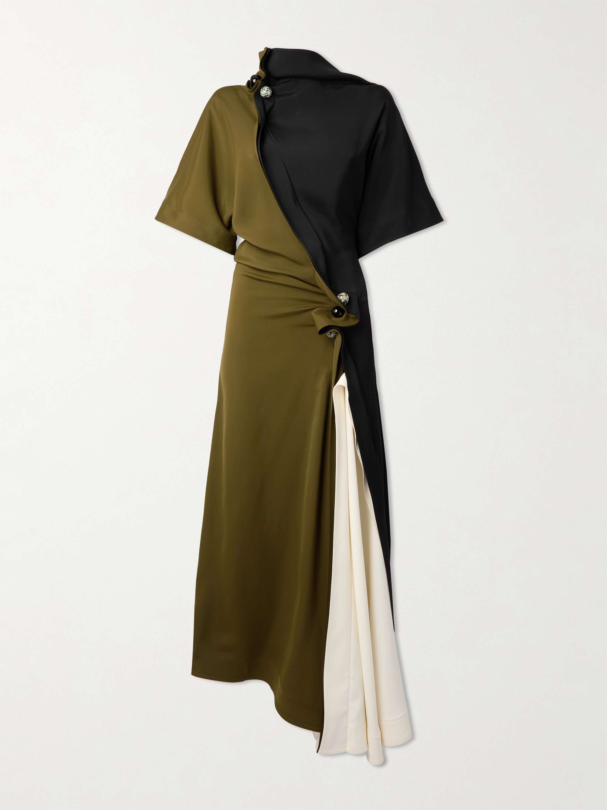 Draped asymmetric color-block satin dress view