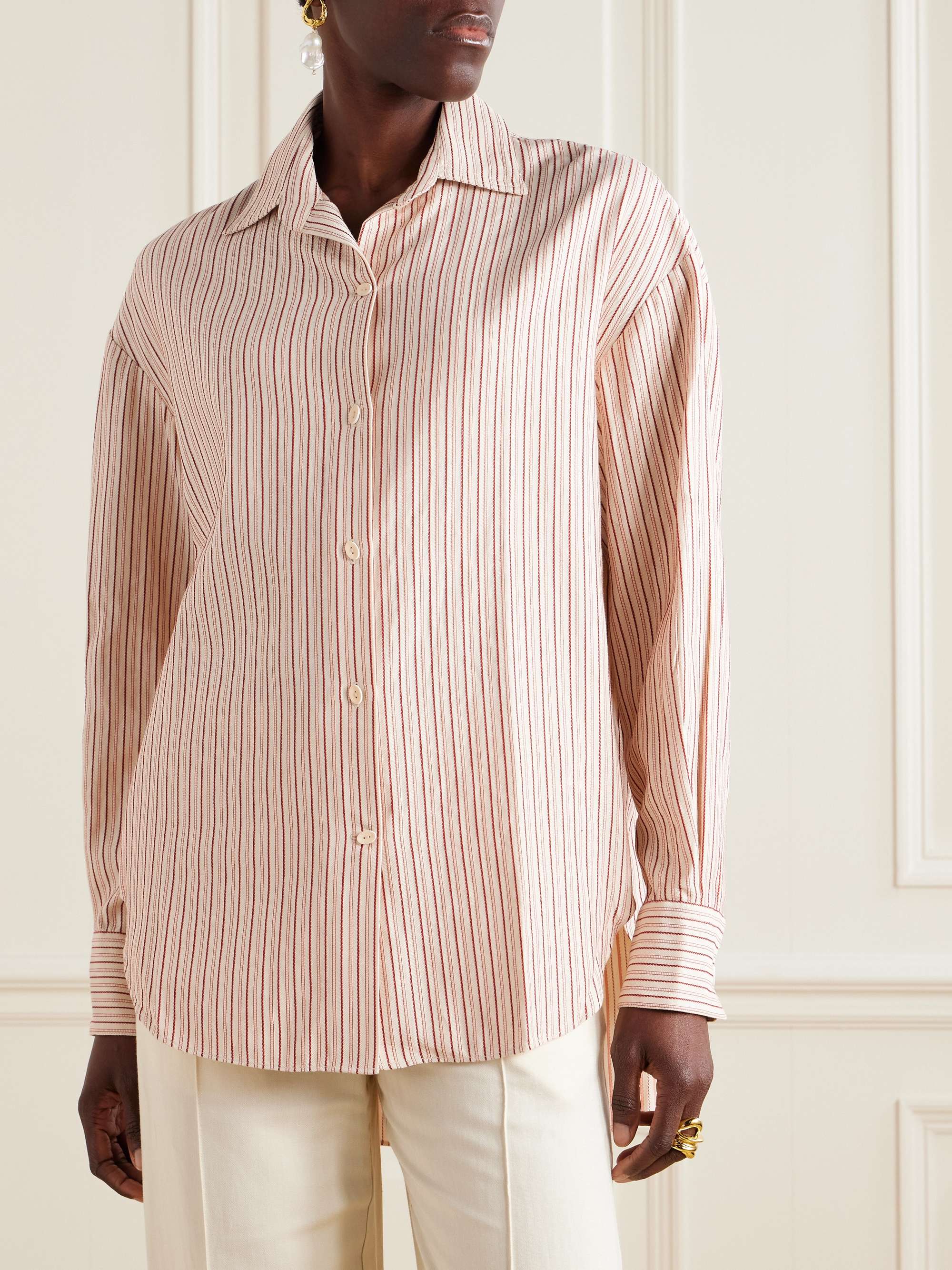 En Vau embroidered striped organic cotton-blend shirt view