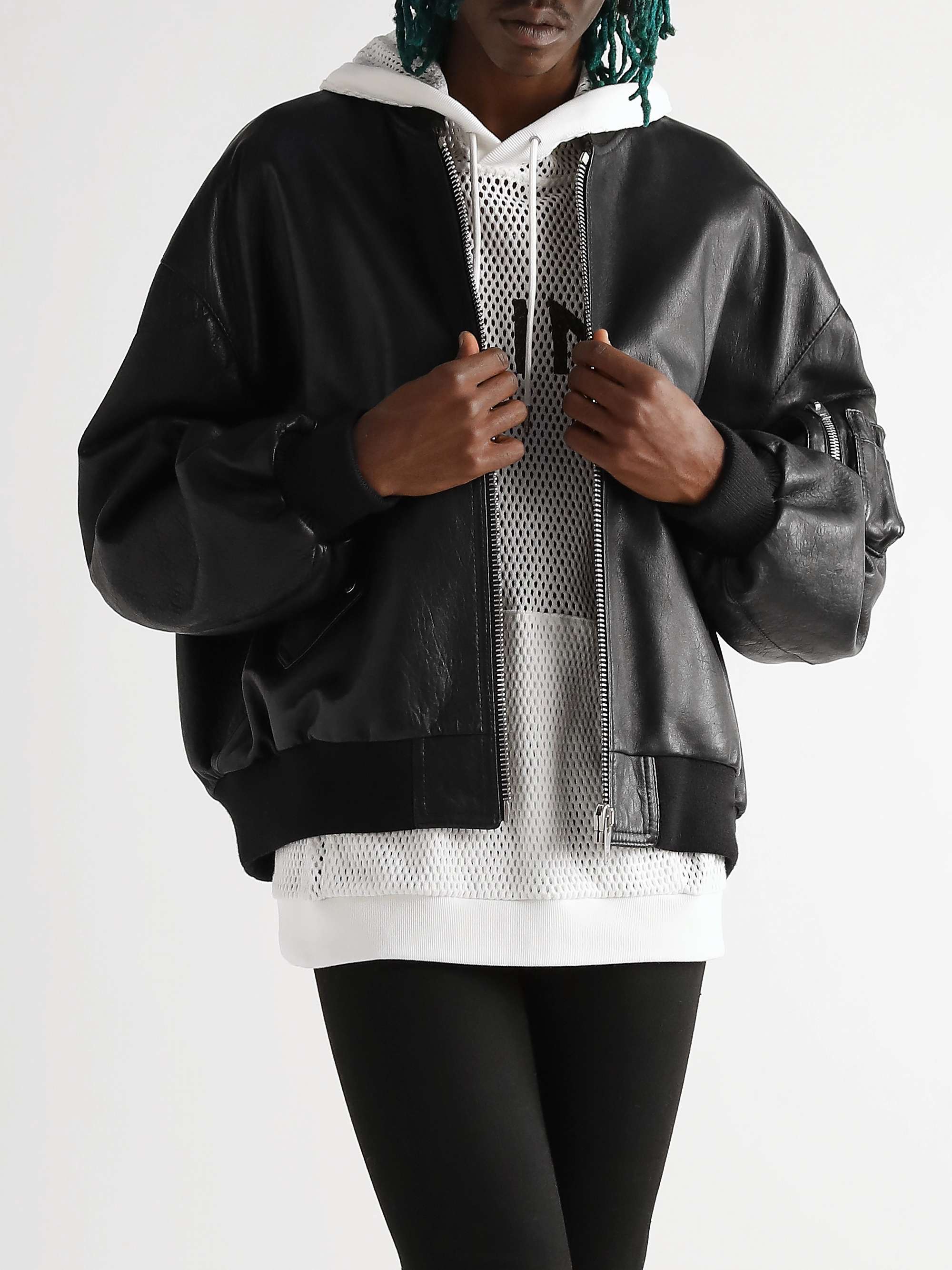 Studded Logo-Print Leather Bomber Jacket view